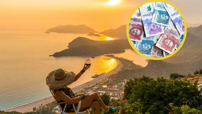 Mujer sentada con una copa de vino apreciando el atardecer. En el círculo, imagen de billetes colombianos (Fotos vía GettyImages)