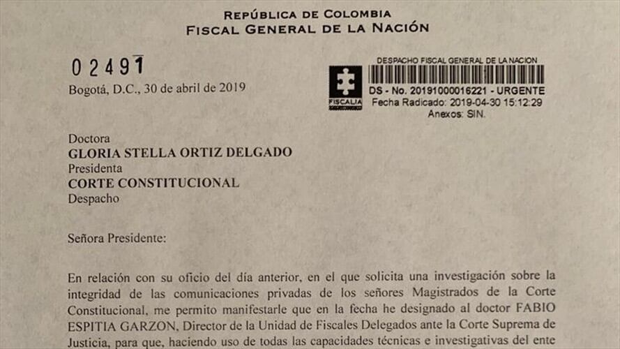 Carta enviada por el fiscal general de la Nación. Foto: Laura Palomino