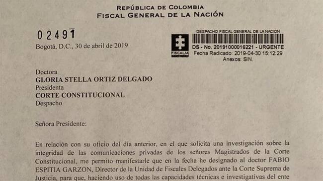 Carta enviada por el fiscal general de la Nación. Foto: Laura Palomino