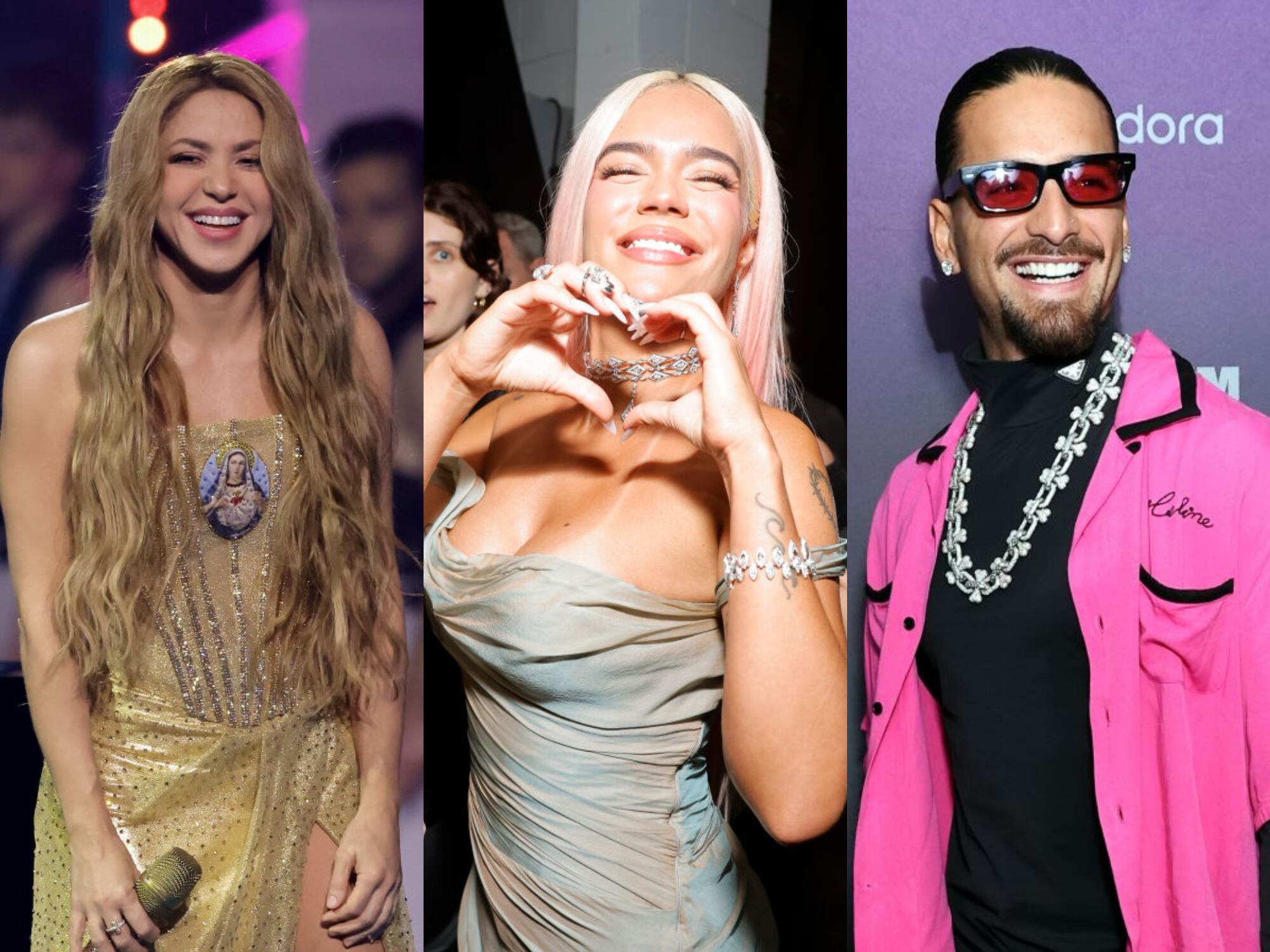 Shakira, Karol G y Maluma: cantantes colombianos. Fotos: Getty Images.