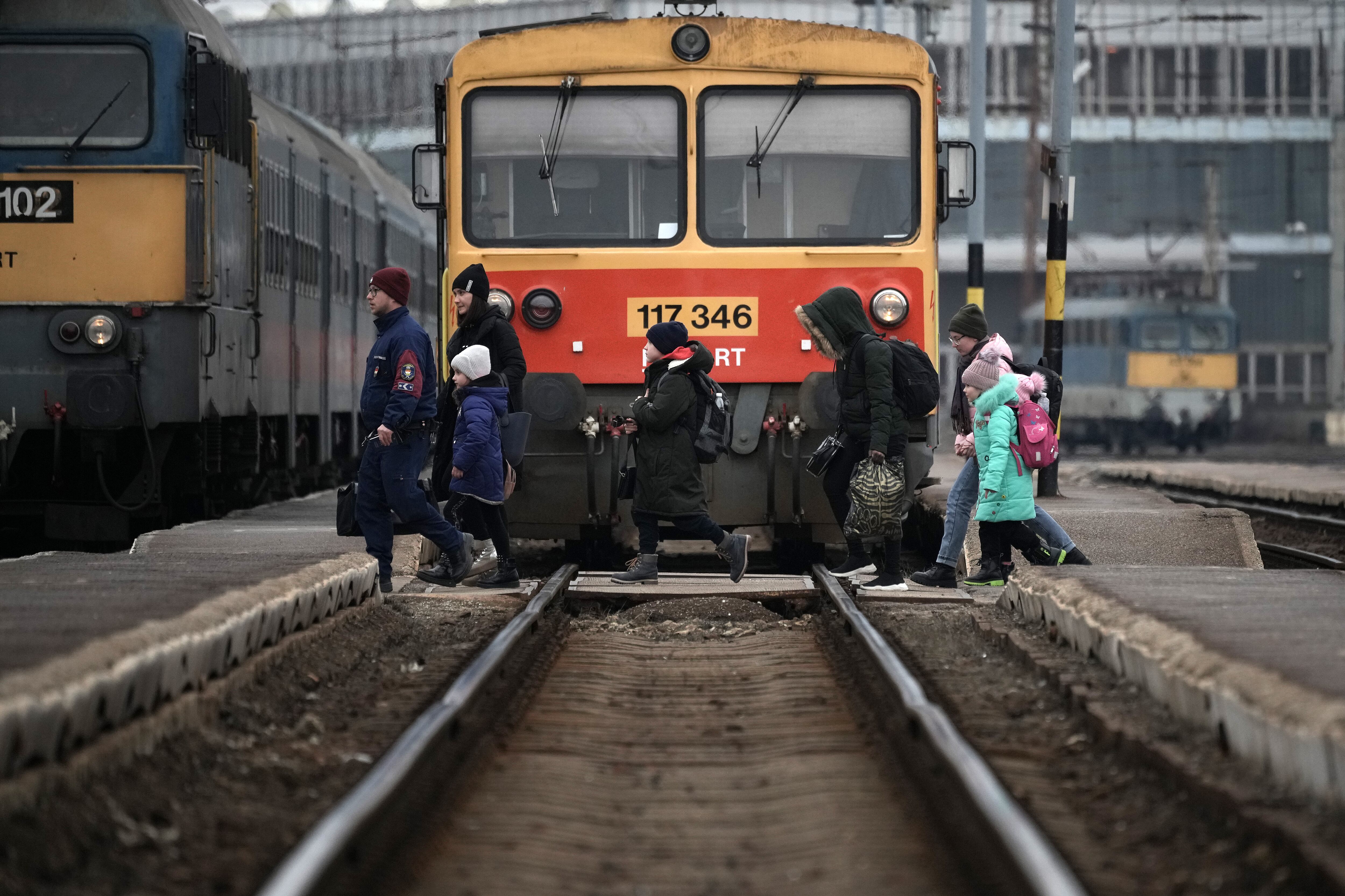 ZAHONY, HUNGARY - MARCH 07: Refugees fleeing Ukraine arrive at Zahony train station on March 07, 2022 in Zahony, Hungary. Hungary has been the second-most-popular destination for the refugees fleeing Ukraine after Russia began a large-scale attack on Ukraine on February 24. (Photo by Christopher Furlong/Getty Images)