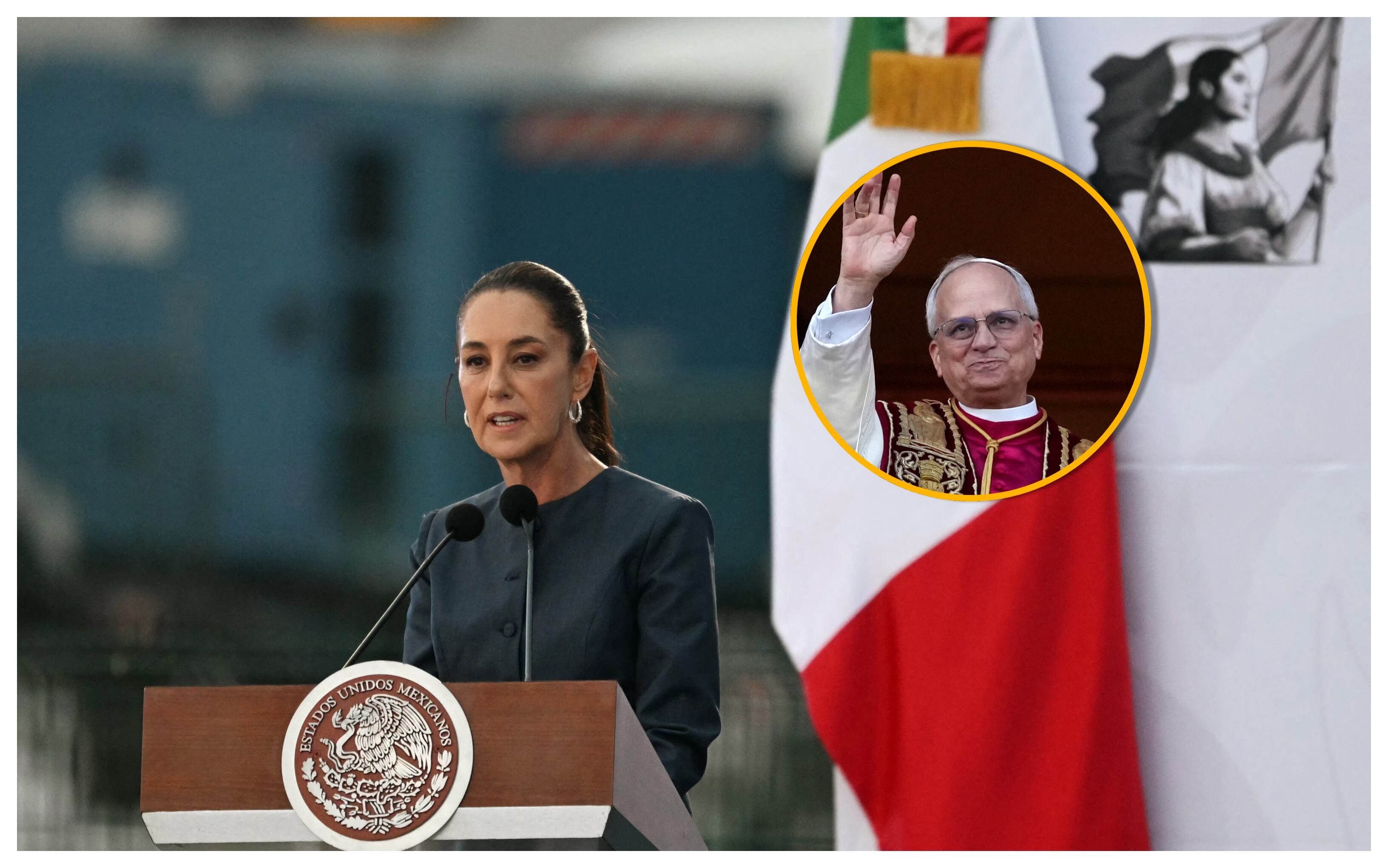 Claudia Sheinbaum y papa León XIV. Foto: YURI CORTEZ/AFP/ Christopher Furlong/Getty Images
