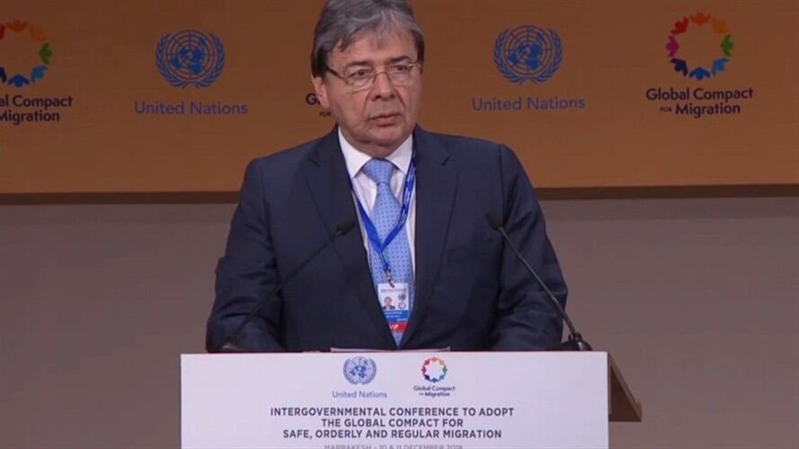 En Marruecos, el canciller Carlos Holmes Trujillo explicó por qué este pacto fue aceptado por el Estado colombiano.. Foto: Cancillería