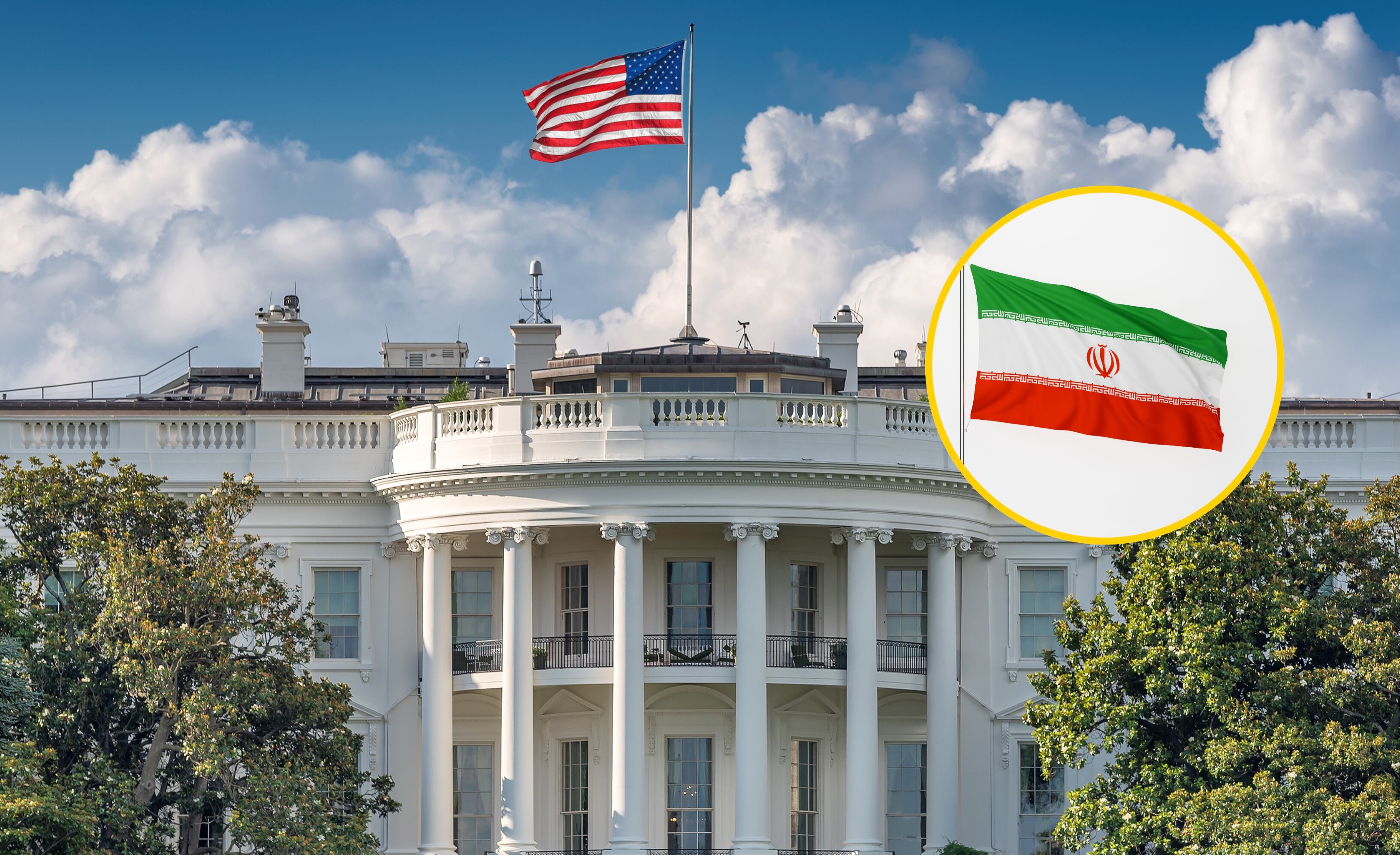 Referencia de Casa Blanca EE.UU. y bandera de Irán. Foto: Caroline Purser y  Wong Yu Liang vía Getty Images.