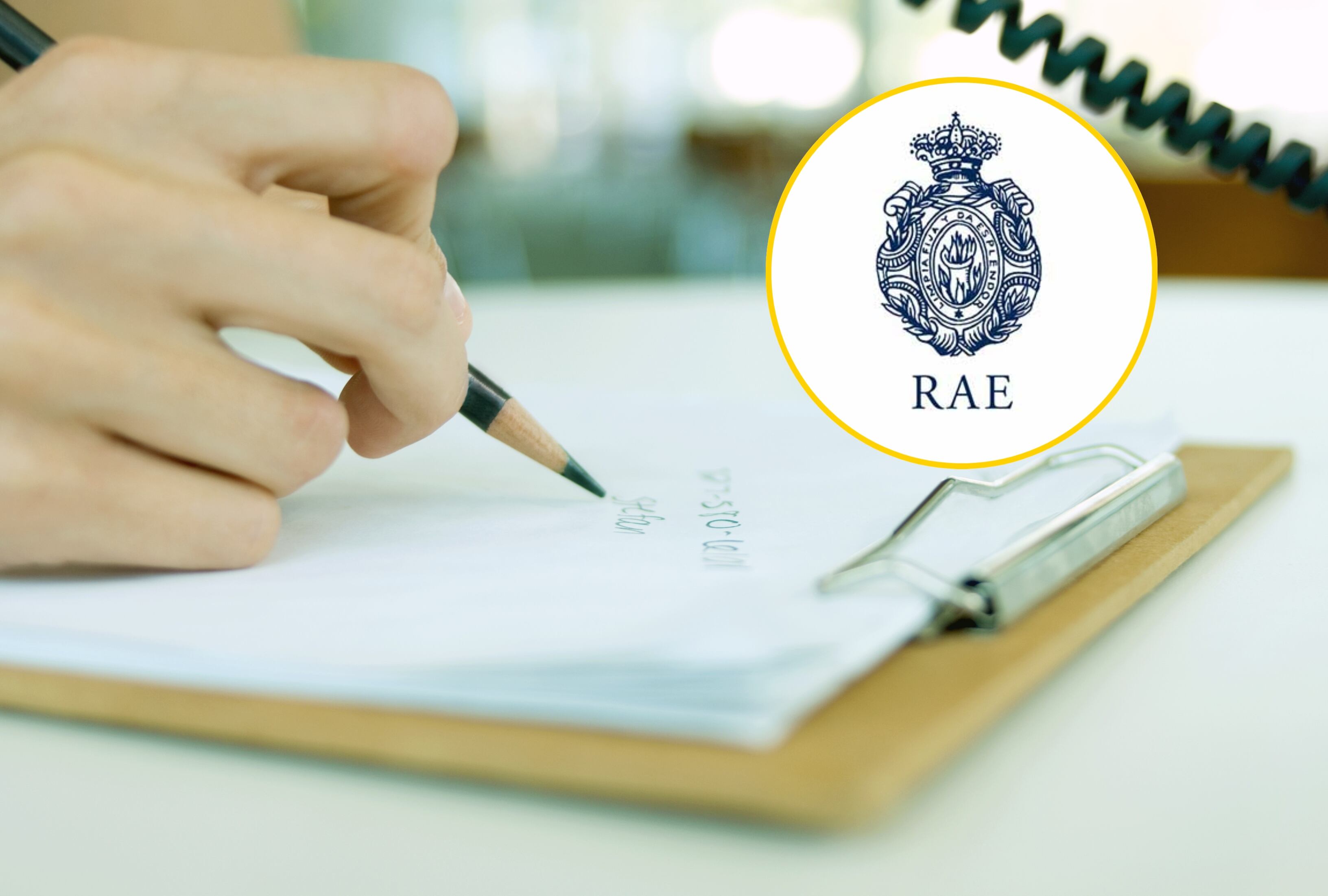Referencia de escritura y logo de la RAE. Foto: Michele Constantini vía Getty Images/ página web de la RAE.