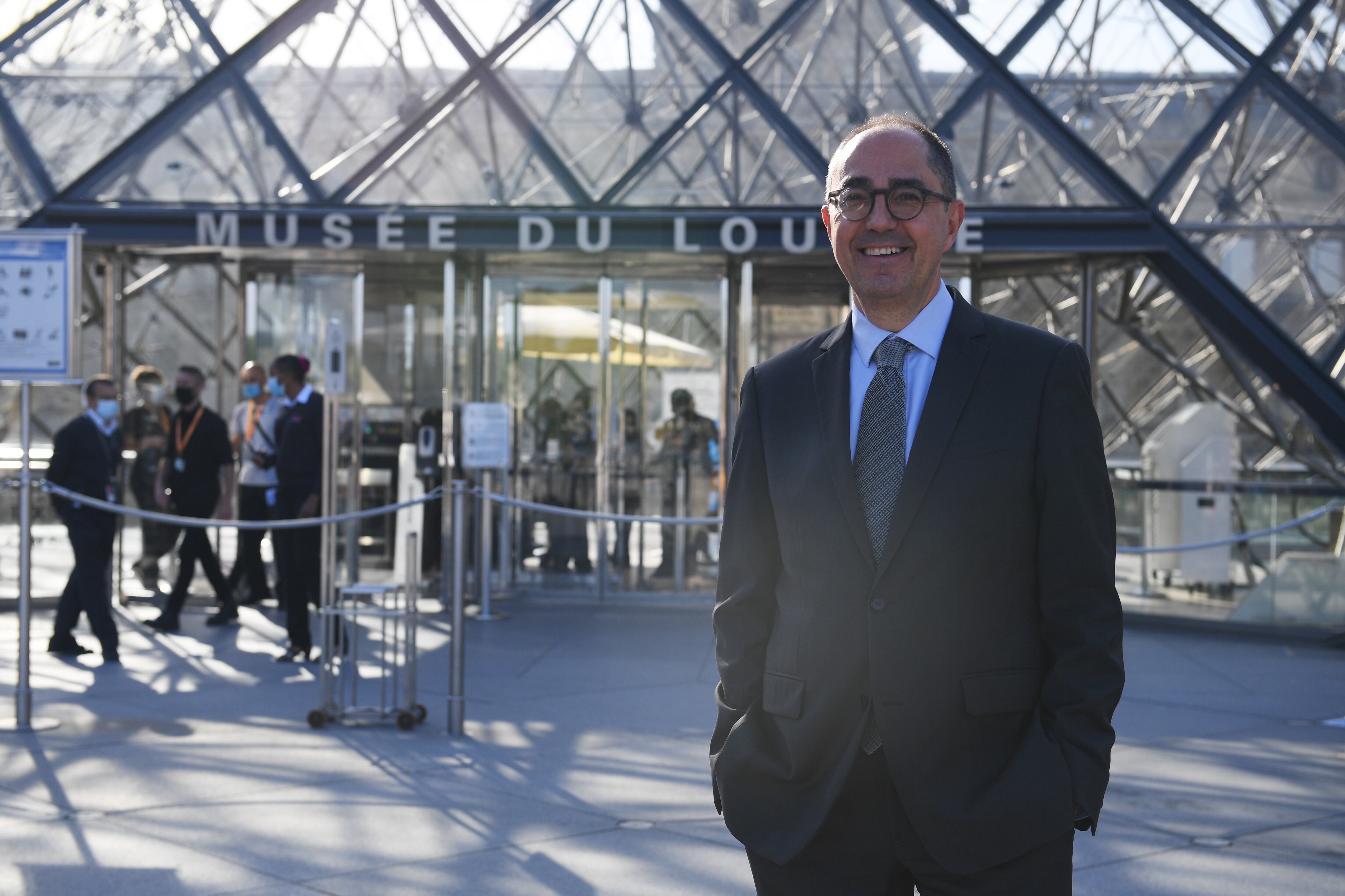 PARIS, FRANCE - JULY 06: President-Director of the Louvre museum, Jean-Luc Martinez stands outside the Louvre museum as it reopens its doors following its 16 week closure due to lockdown measures caused by the COVID-19 coronavirus pandemic, on July 6, 2020 in Paris, France. (Photo by Pascal Le Segretain/Getty Images)