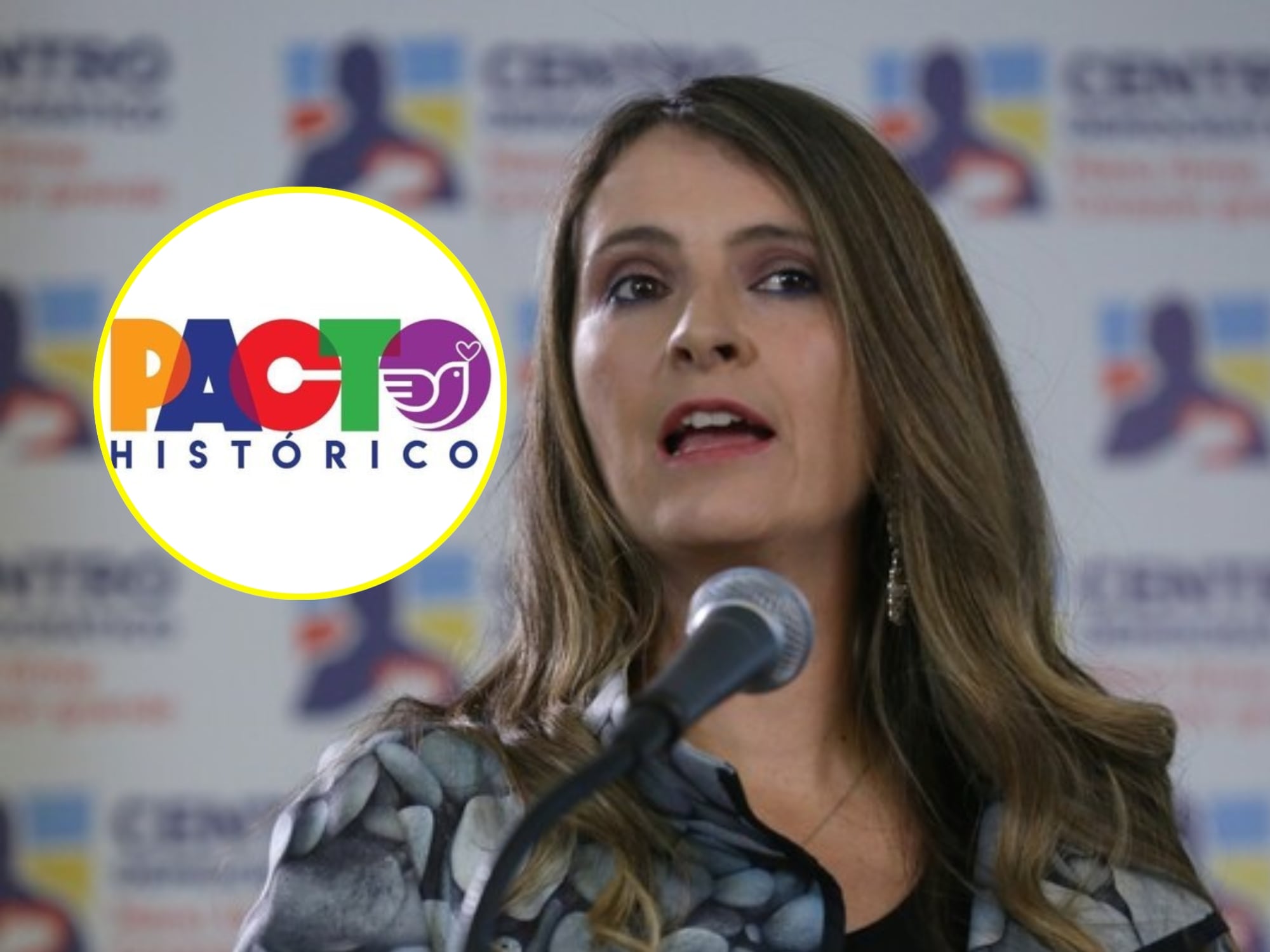 Paloma Valencia y logo del Pacto Histórico. Fotos: (Colprensa - Camila Díaz) / X @PactoCol