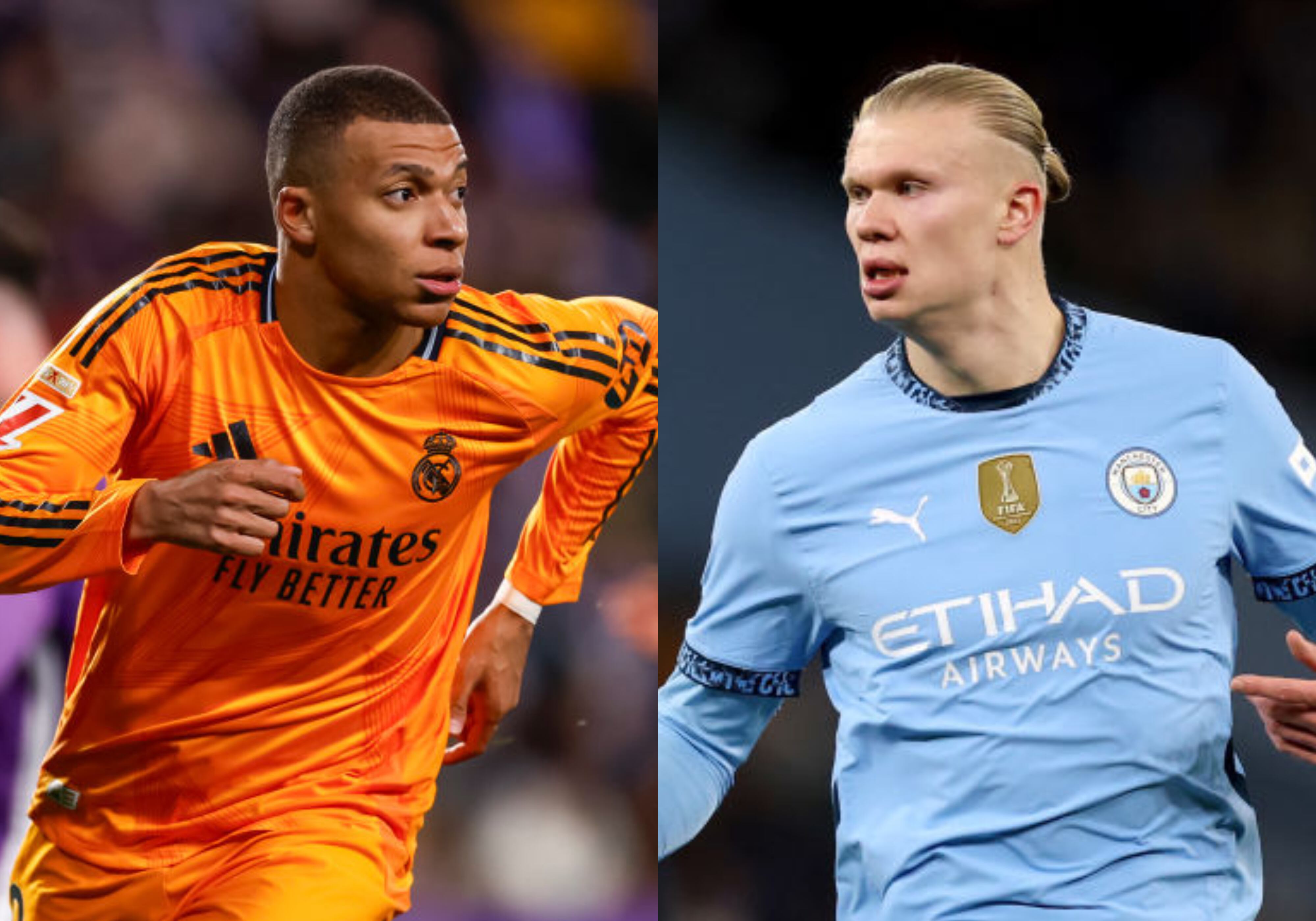 Kylian Mbappé y Erlin Haaland. Foto: (Photo by Helios de la Rubia/Real Madrid via Getty Images) / (Photo by Carl Recine/Getty Images)