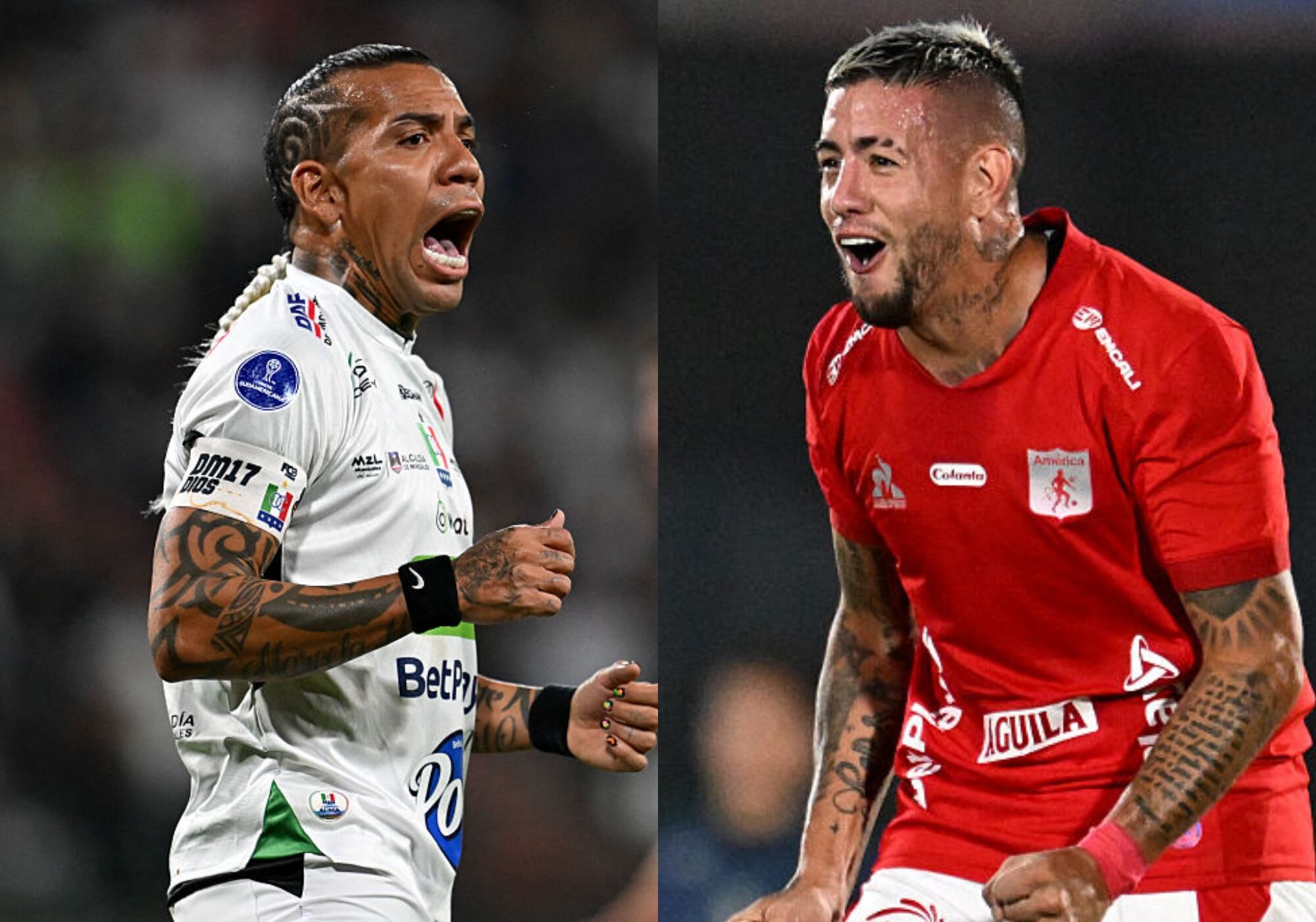 Dayro Moreno y Rodrigo Holgado. Fotos: (Photo by RAUL ARBOLEDA/AFP via Getty Images) / (Photo by EITAN ABRAMOVICH/AFP via Getty Images)