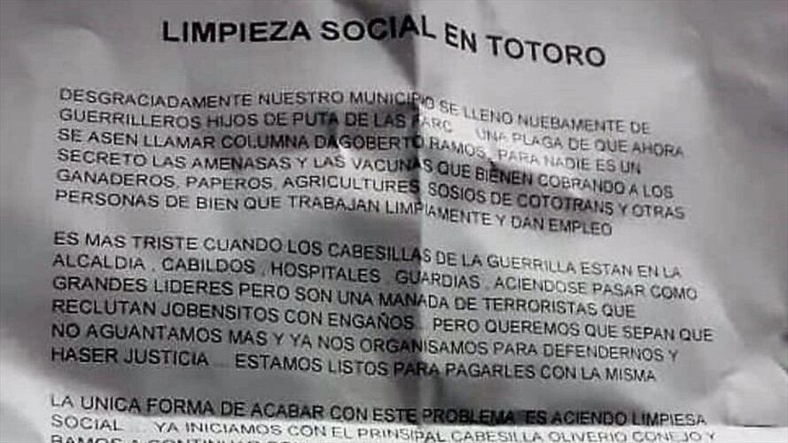 El escrito anuncia acciones violentas contra exalcaldes, exgobernadores indígenas, concejales y comuneros. Foto: Cortesía