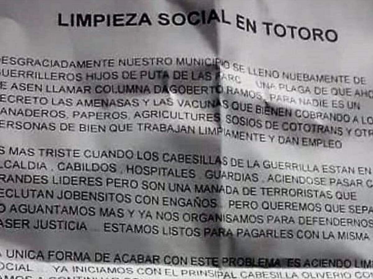 Tras asesinato de un líder y su hija, aparecen más amenazas en Totoró, Cauca