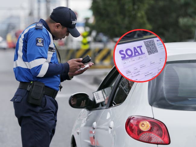 Agente de tránsito haciendo control a los vehículos que transitan por las vías colombianas y de fondo el SOAT de un vehículo (Fotos vía COLPRENSA)