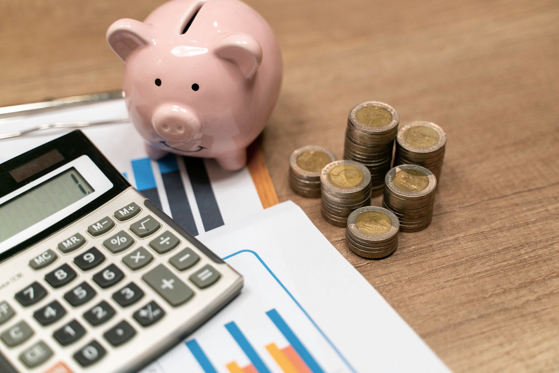 Piggy Bank and Stack of Coins