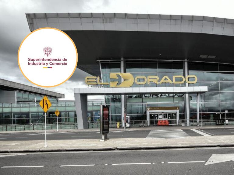 Entrada al aeropuerto El Dorado y al lado el logo de SIC (Fotos vía Getty Images y cuenta de X @sicsuper)