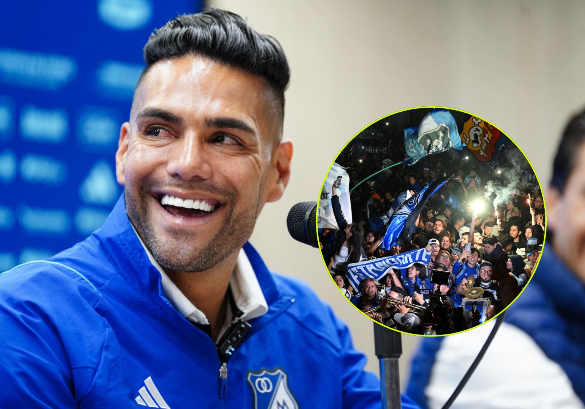 Radamel Falcao e hinchas de Millonarios. Foto: (Photo by Andres Rot/Getty Images) / (Photo by RAUL ARBOLEDA/AFP via Getty Images)