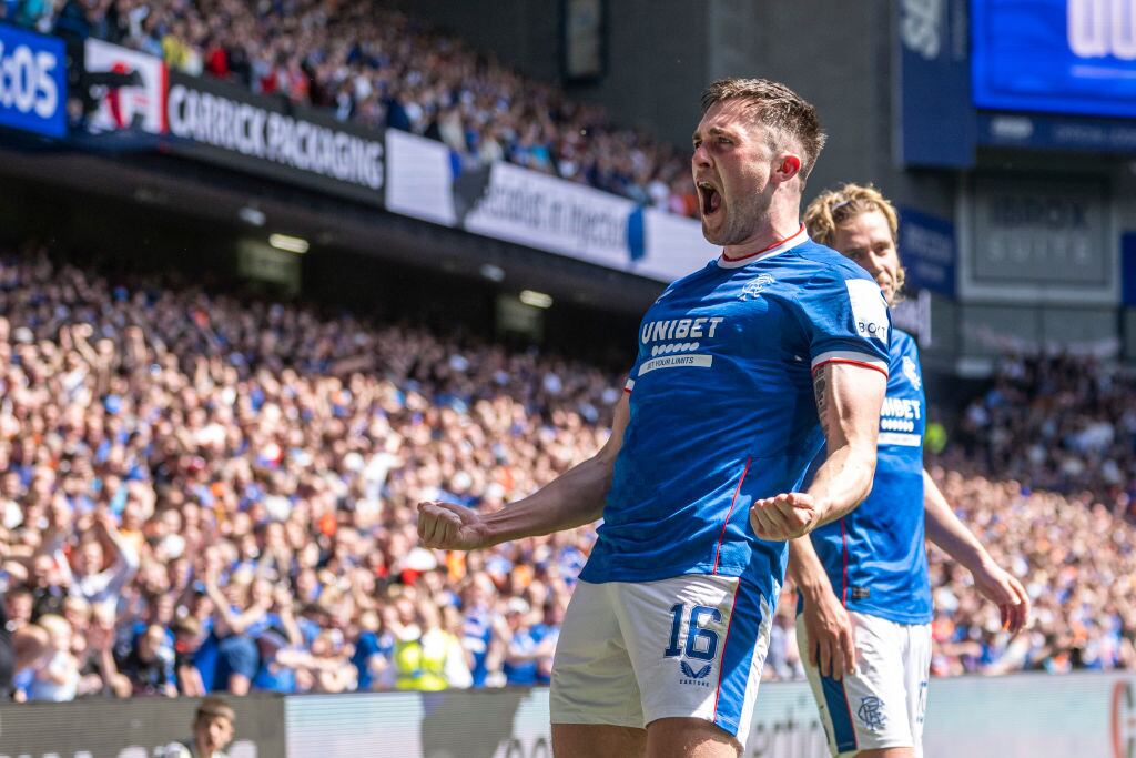GLASGOW, SCOTLAND - MAY 13: John Souttar of Rangers celebrates after scoring (2-0) during Cinch Premiership match between Rangers and Celtic at Ibrox Stadium on May 13, 2023 in Glasgow, Scotland. (Photo by Richard Callis /Eurasia Sport Images/Getty Images)