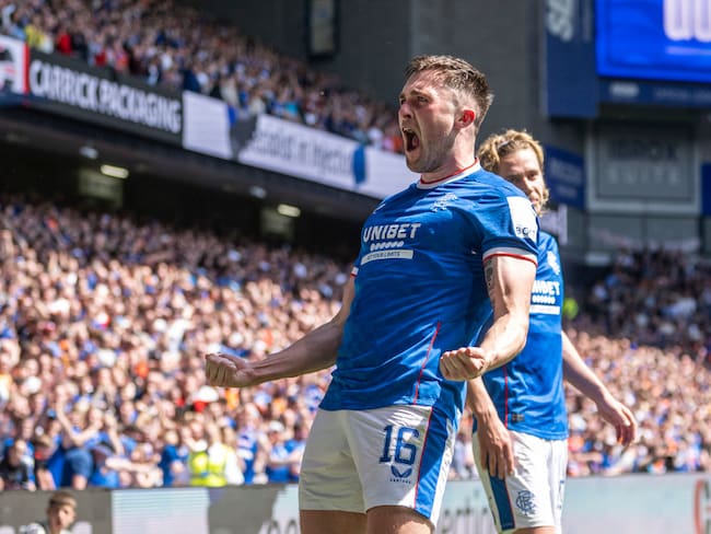 GLASGOW, SCOTLAND - MAY 13: John Souttar of Rangers celebrates after scoring (2-0) during Cinch Premiership match between Rangers and Celtic at Ibrox Stadium on May 13, 2023 in Glasgow, Scotland. (Photo by Richard Callis /Eurasia Sport Images/Getty Images)