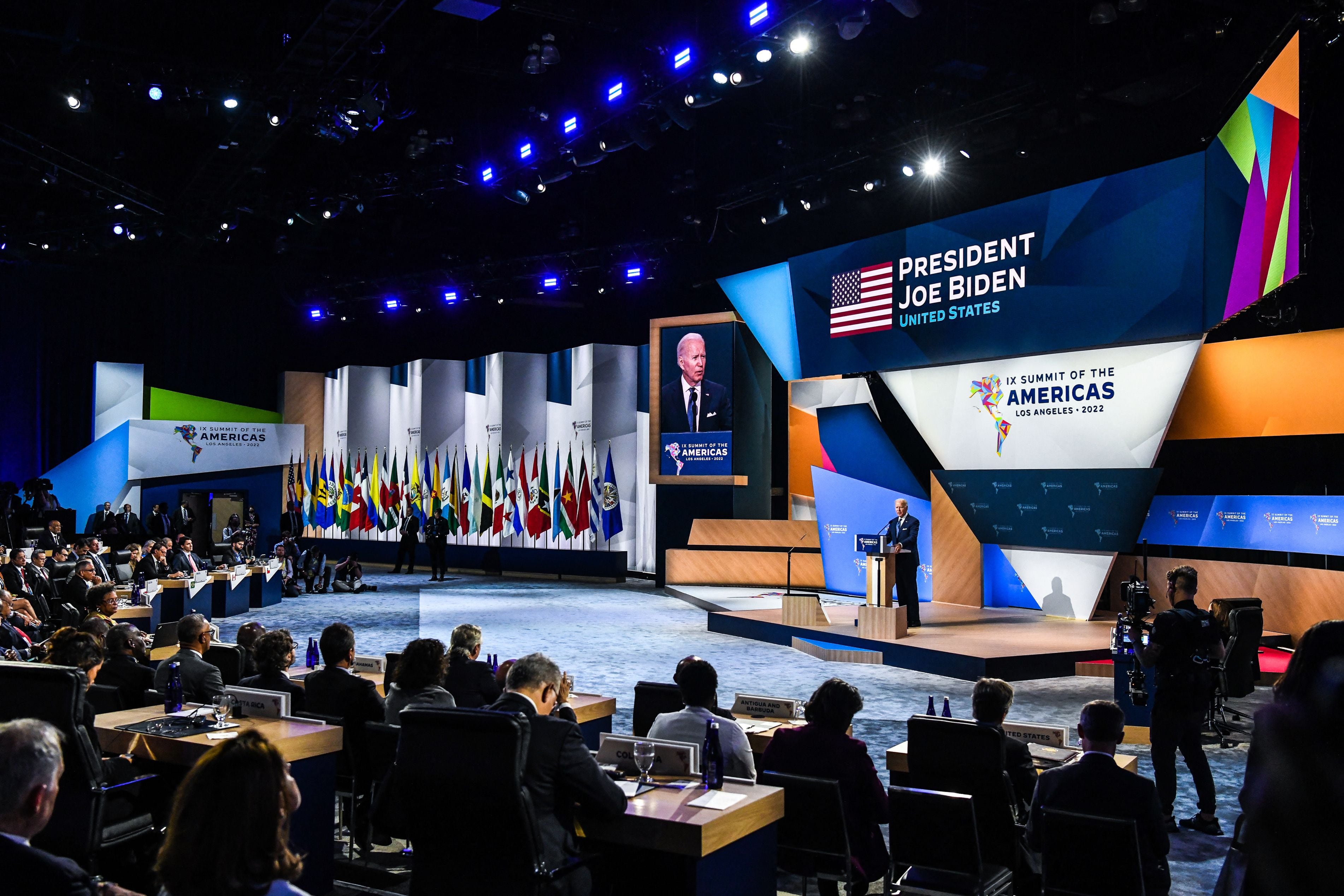 US President Joe Biden addresses a plenary session of the 9th Summit of the Americas in Los Angeles, California, June 9, 2022. (Photo by CHANDAN KHANNA / AFP) (Photo by CHANDAN KHANNA/AFP via Getty Images)
