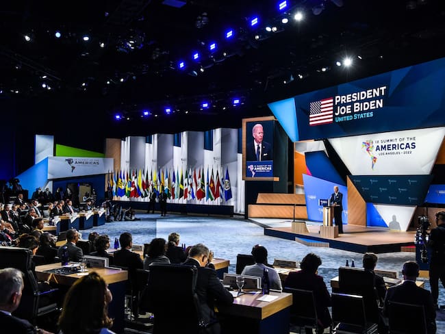 US President Joe Biden addresses a plenary session of the 9th Summit of the Americas in Los Angeles, California, June 9, 2022. (Photo by CHANDAN KHANNA / AFP) (Photo by CHANDAN KHANNA/AFP via Getty Images)