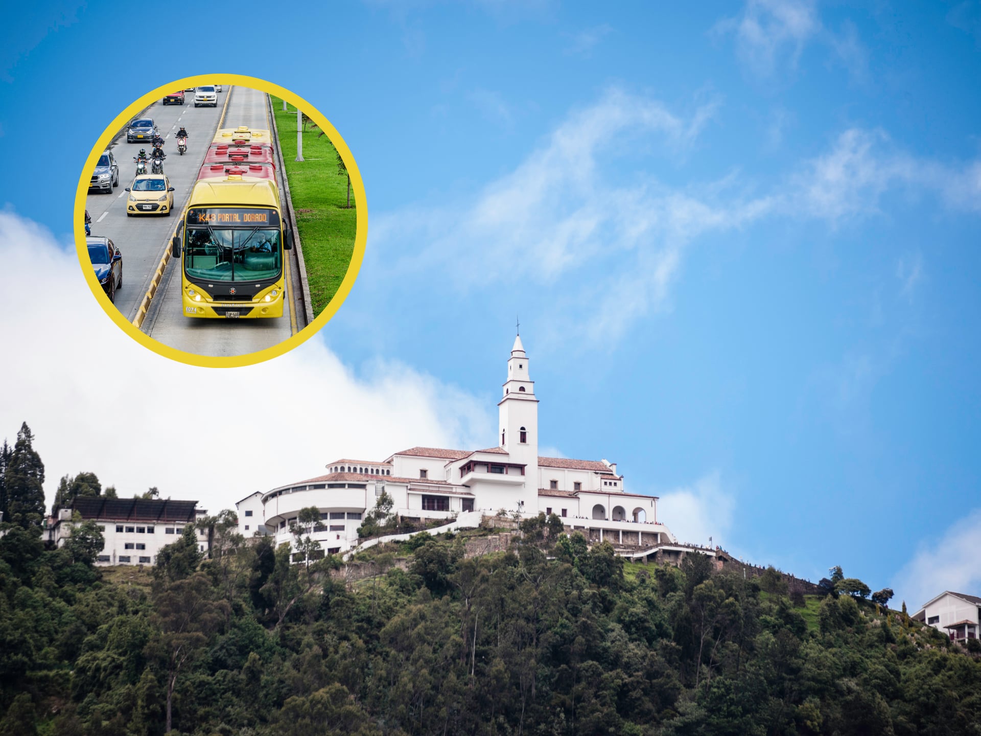 Vista de la iglesia de Monserrate. En el círculo, imagen de un bus de TransMilenio (Fotos vía GettyImages)
