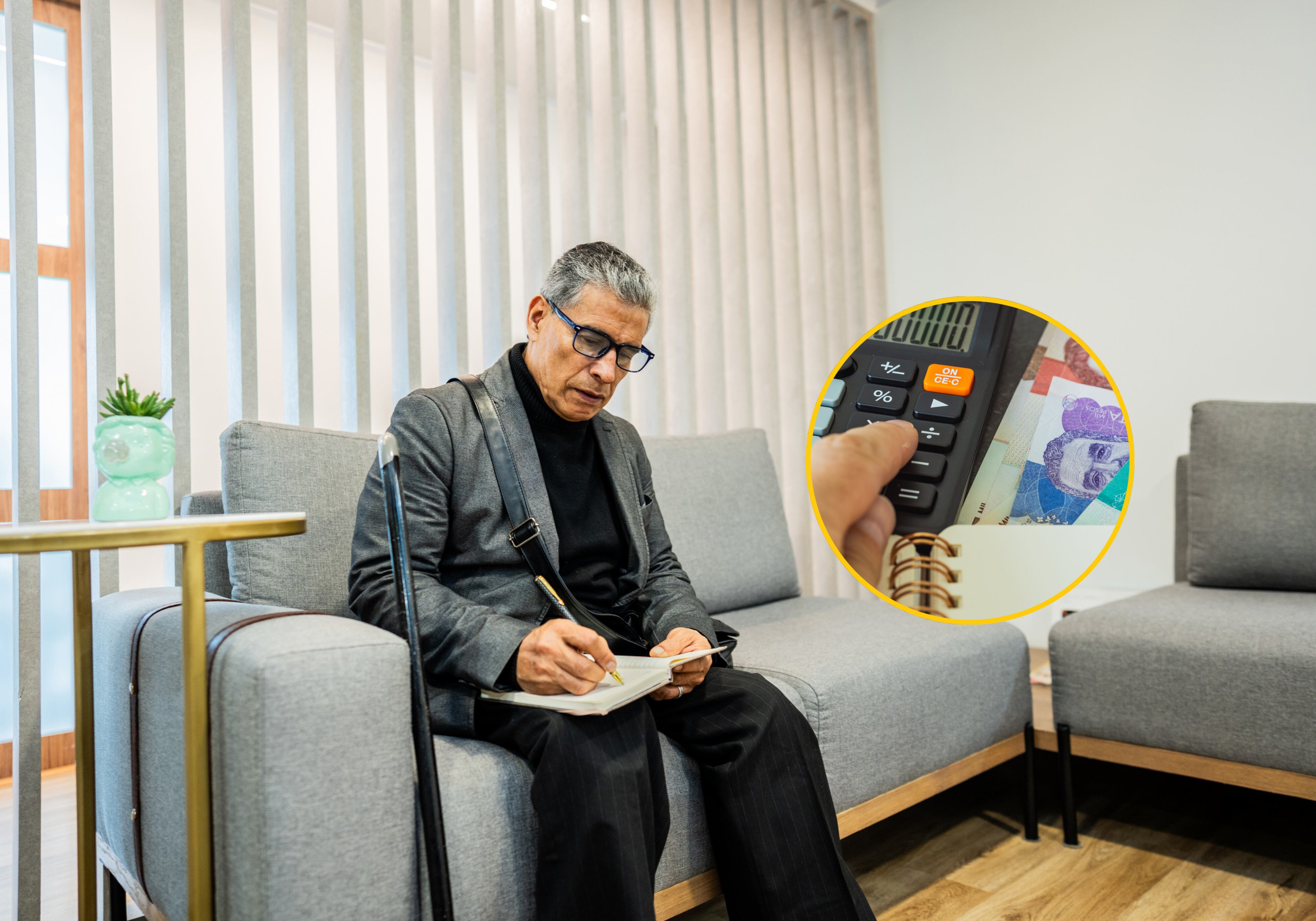 Imagen de referencia de un hombre mayor en una sala de espera (Frazao Studio Latino vía Getty Images) y de cálculos (Andrzej Rostek vía Getty Images)