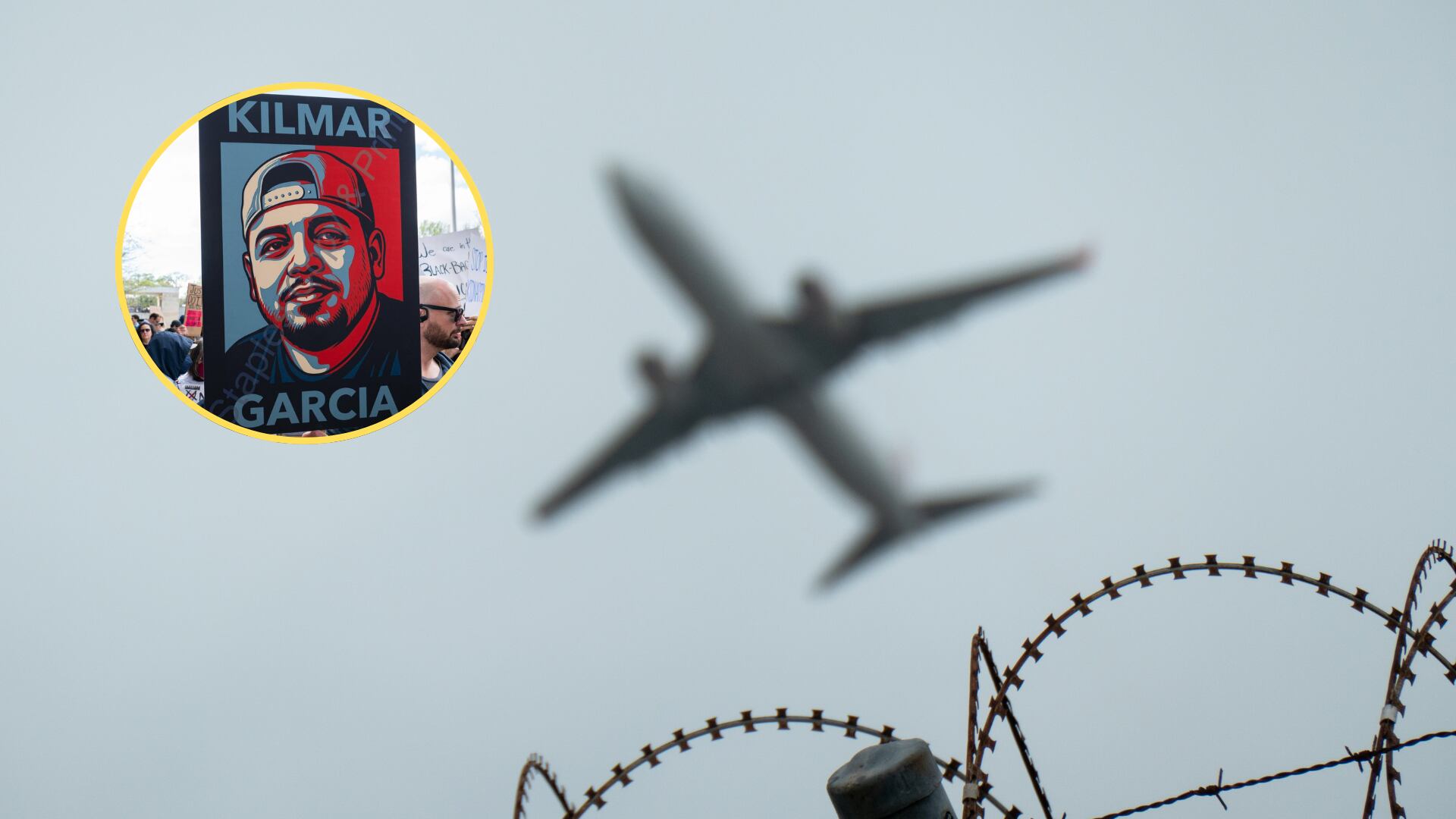 Imagen de referencia, avión y póster de Kilmar Abrego García. Foto: Getty Images/EFE/ Annabelle Gordon 
