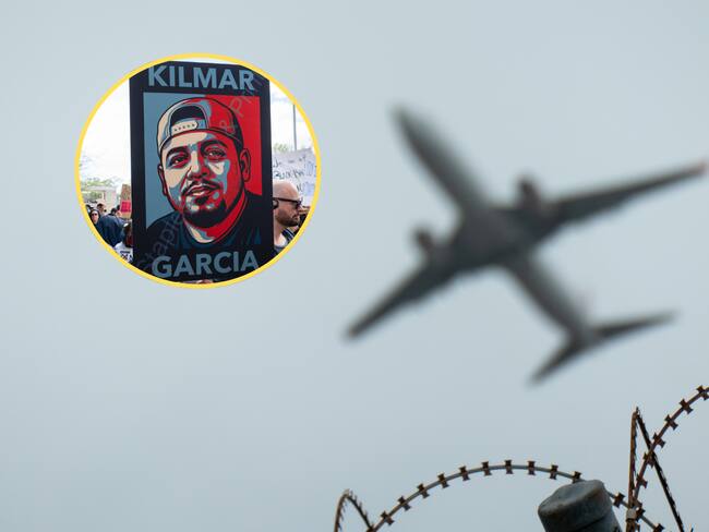 Imagen de referencia, avión y póster de Kilmar Abrego García. Foto: Getty Images/EFE/ Annabelle Gordon