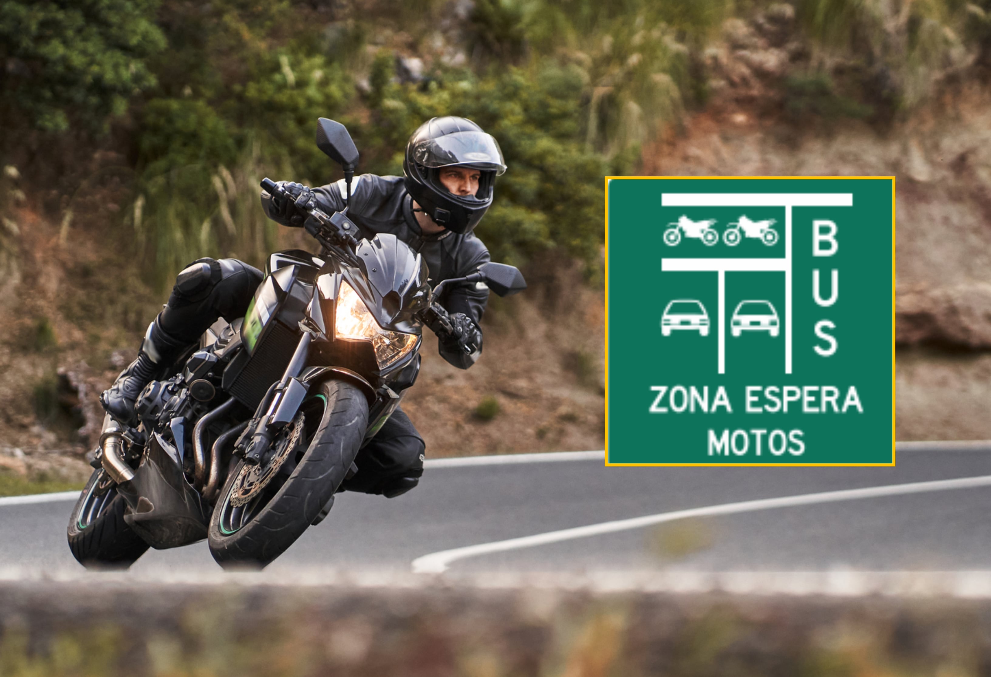 Imagen de referencia y nueva señal de tránsito para motociclistas. Foto: Getty Images / Manual de Señalización Vial de Colombia