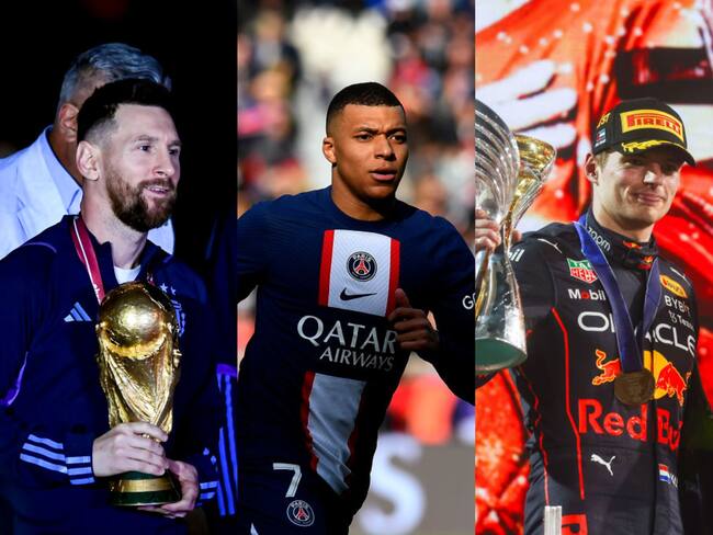De izquierda a derecha: Lionel Messi, Kylian Mbappé y Max Verstappen. Fotos: Getty Images.