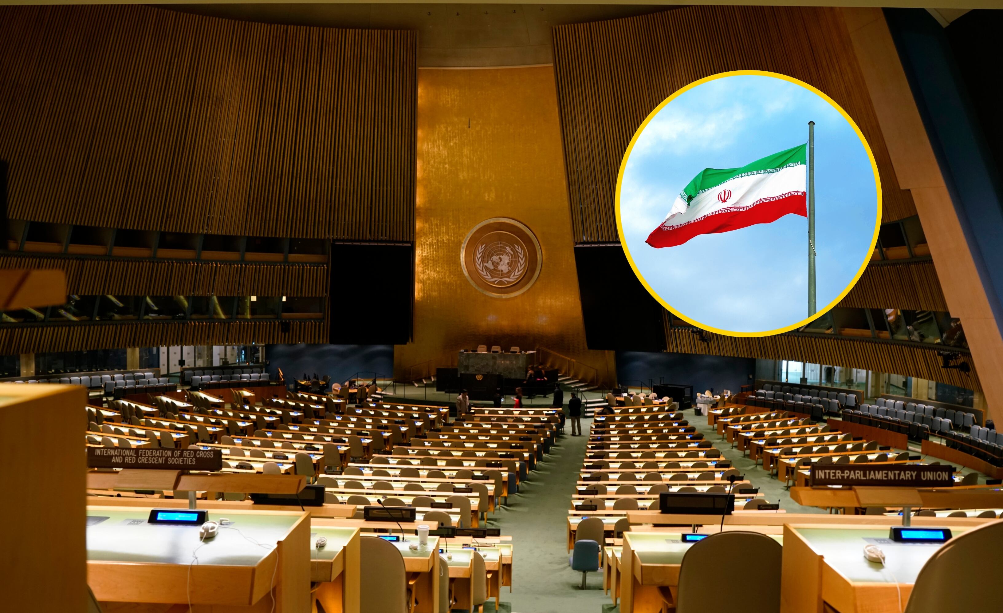 ONU y bandera de Irán. Foto: Bruce Yuanyue Bi y Mansoreh Motamedi vía Getty Images.