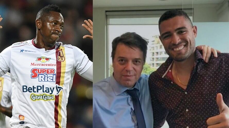 Delantero del Tolima Juan Fernando Caicedo, Gustavo Serpa, directivo de Millonarios, y Álvaro Montero. Foto: Colprensa - Cortesía Dimayor / Twitter: @MillosFCoficial