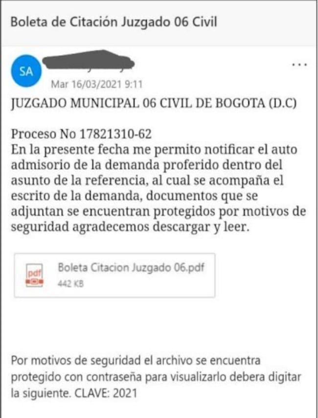 Ejemplo correo falso. Foto: cortesía Secretaría de Seguridad de Bogotá