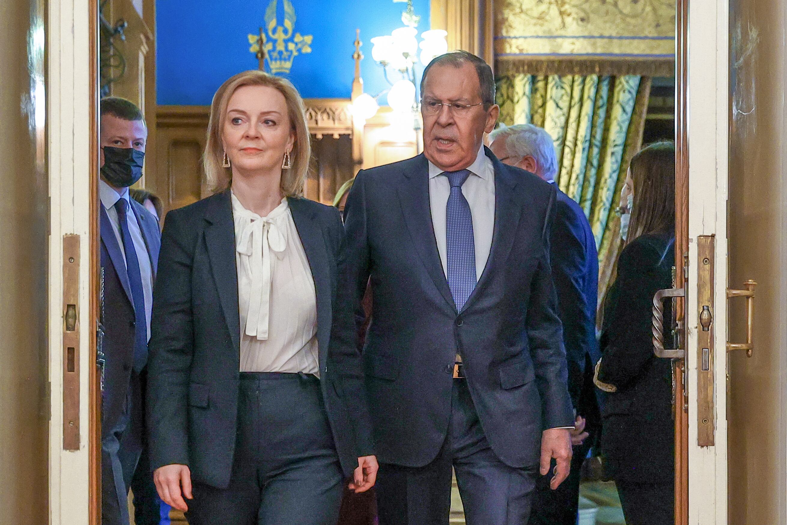 MOSCOW, RUSSIA - FEBRUARY 10, 2022: UK Foreign Secretary Elizabeth Truss (L) and Russia's Foreign Minister Sergei Lavrov arrive for a meeting at the Reception House. Russian Foreign Ministry/TASS (Photo by Russian Foreign Ministry\TASS via Getty Images)