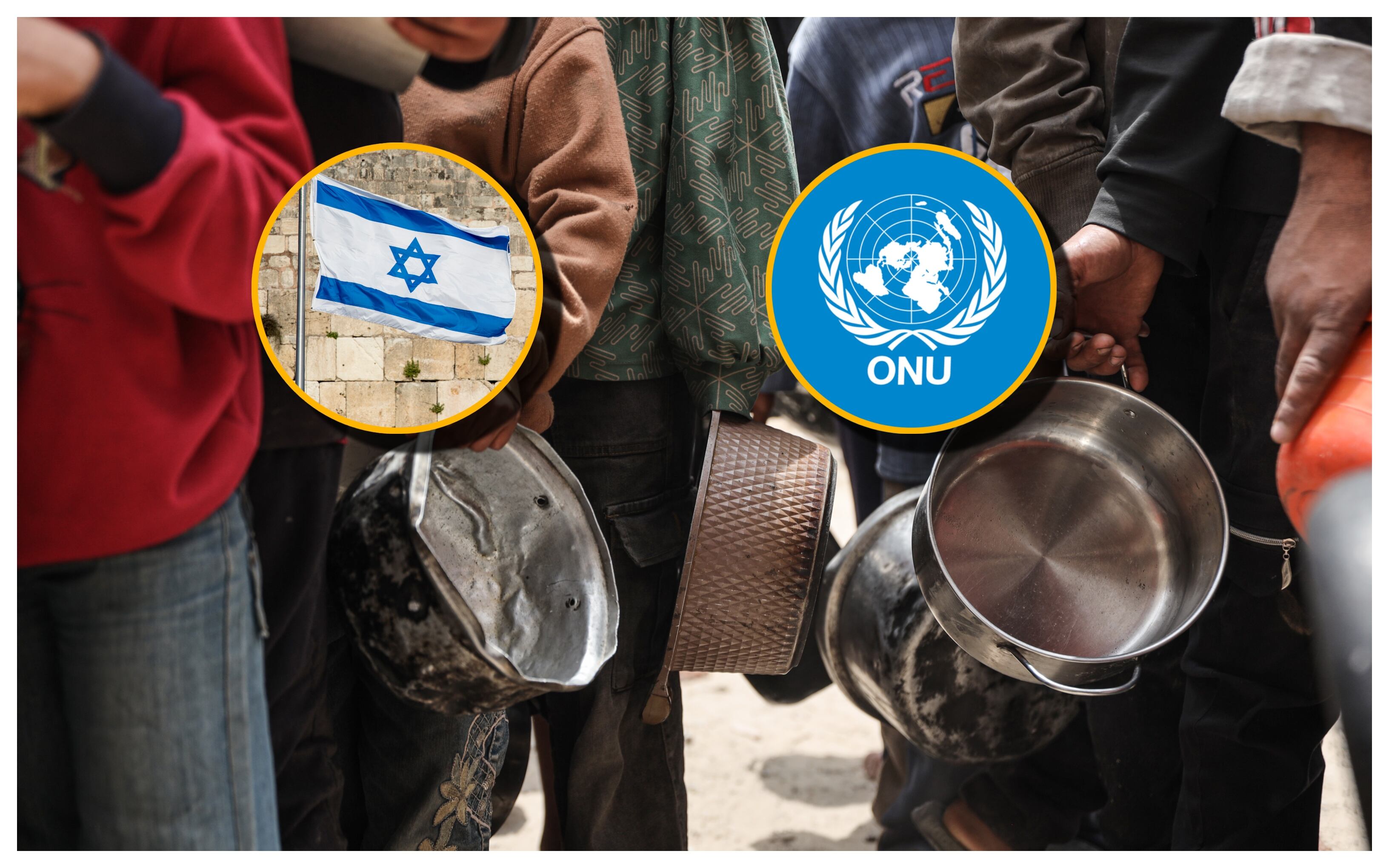 Referencia de hambruna en Gaza, símbolo de ONU y bandera de Israel. Foto: Abdalhkem Abu Riash/Anadolu/ Paul Soulders via Getty Images y ONU.