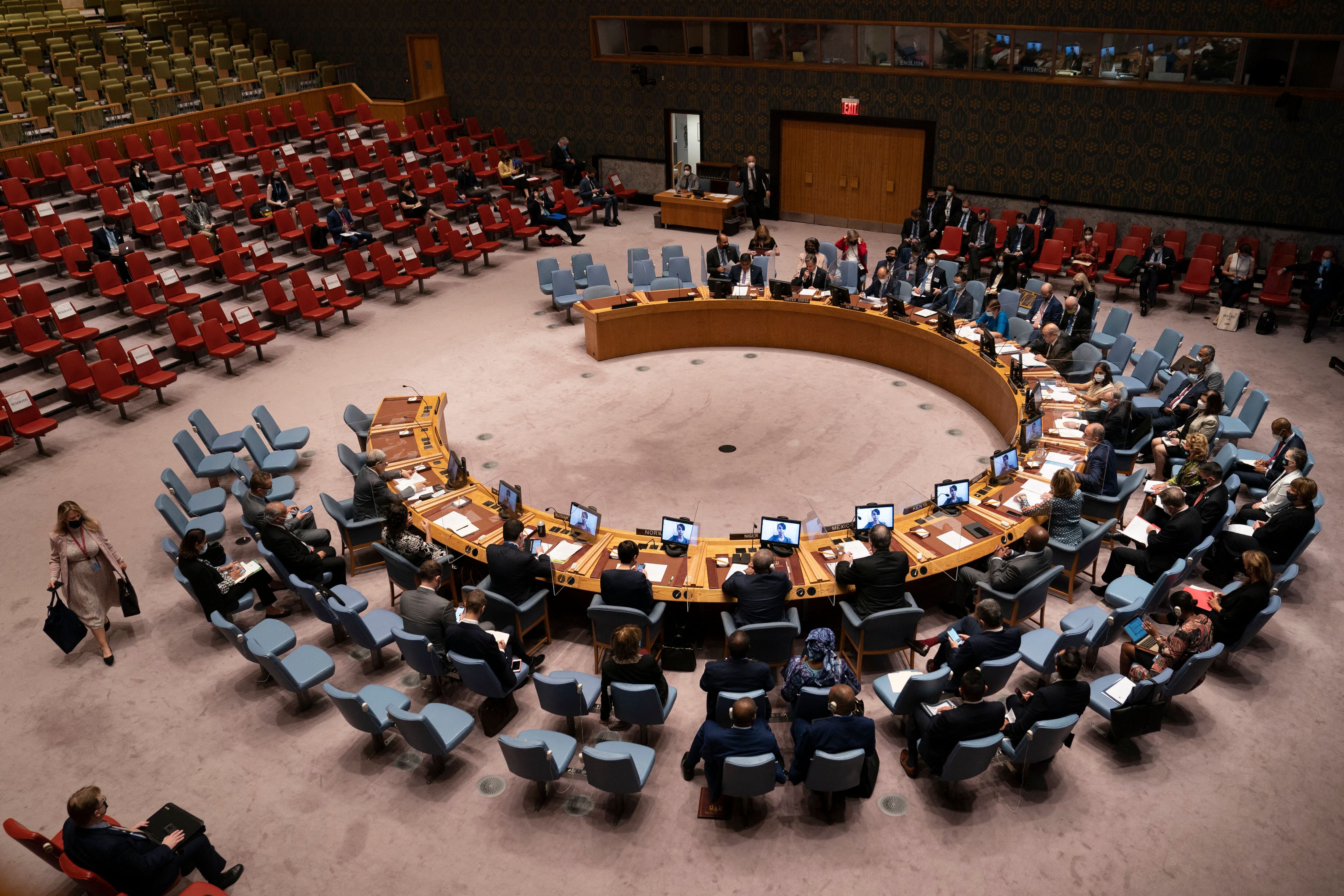 The five permanent UN Security Council members found common ground on September 22 on Afghanistan with officials saying all the powers would press the Taliban to be more inclusive after their military takeover. (Photo by John Minchillo / POOL / AFP) (Photo by JOHN MINCHILLO/POOL/AFP via Getty Images)