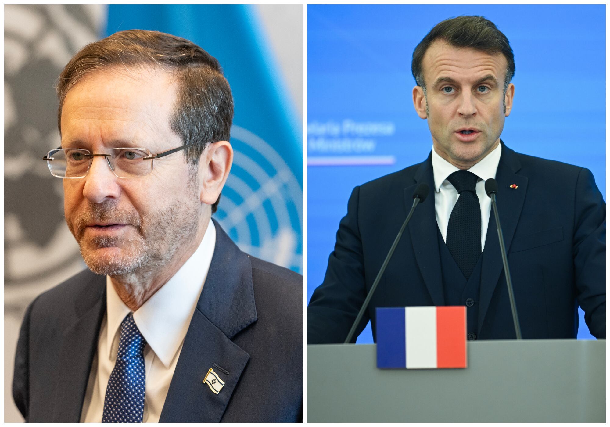 El presidente israelí, Isaac Herzog, y Emmanuel Macron, presidente de Francia. Foto: Getty Images.