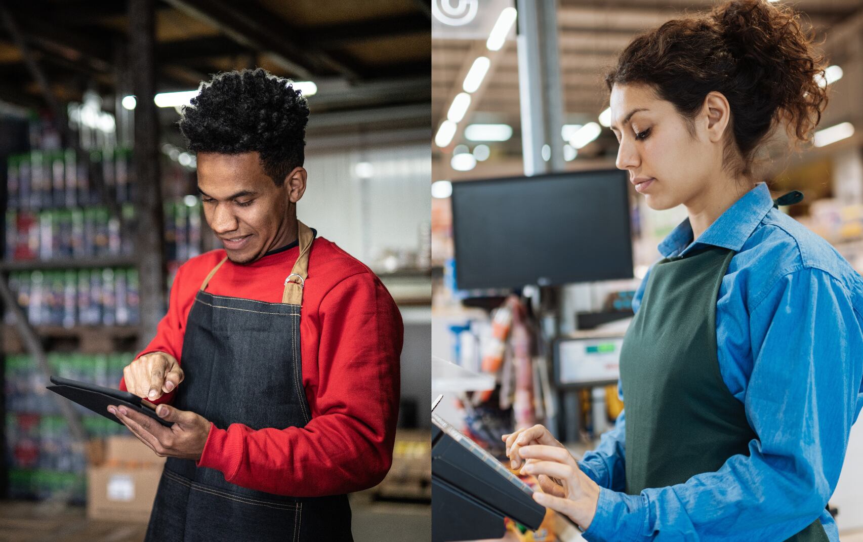 Hombre trabajando en la bodega de un supermercado y una mujer ejerciendo como cajera(Fotos vía Getty Images) (Fotos vía Getty Images)