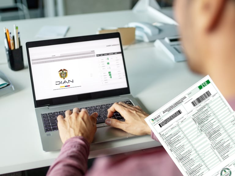 Persona en el computador con un logo de la DIAN, y al lado una declaración de renta (Fotos vía Getty Images, COLPRENSA y cuenta de X de la entidad DIAN)