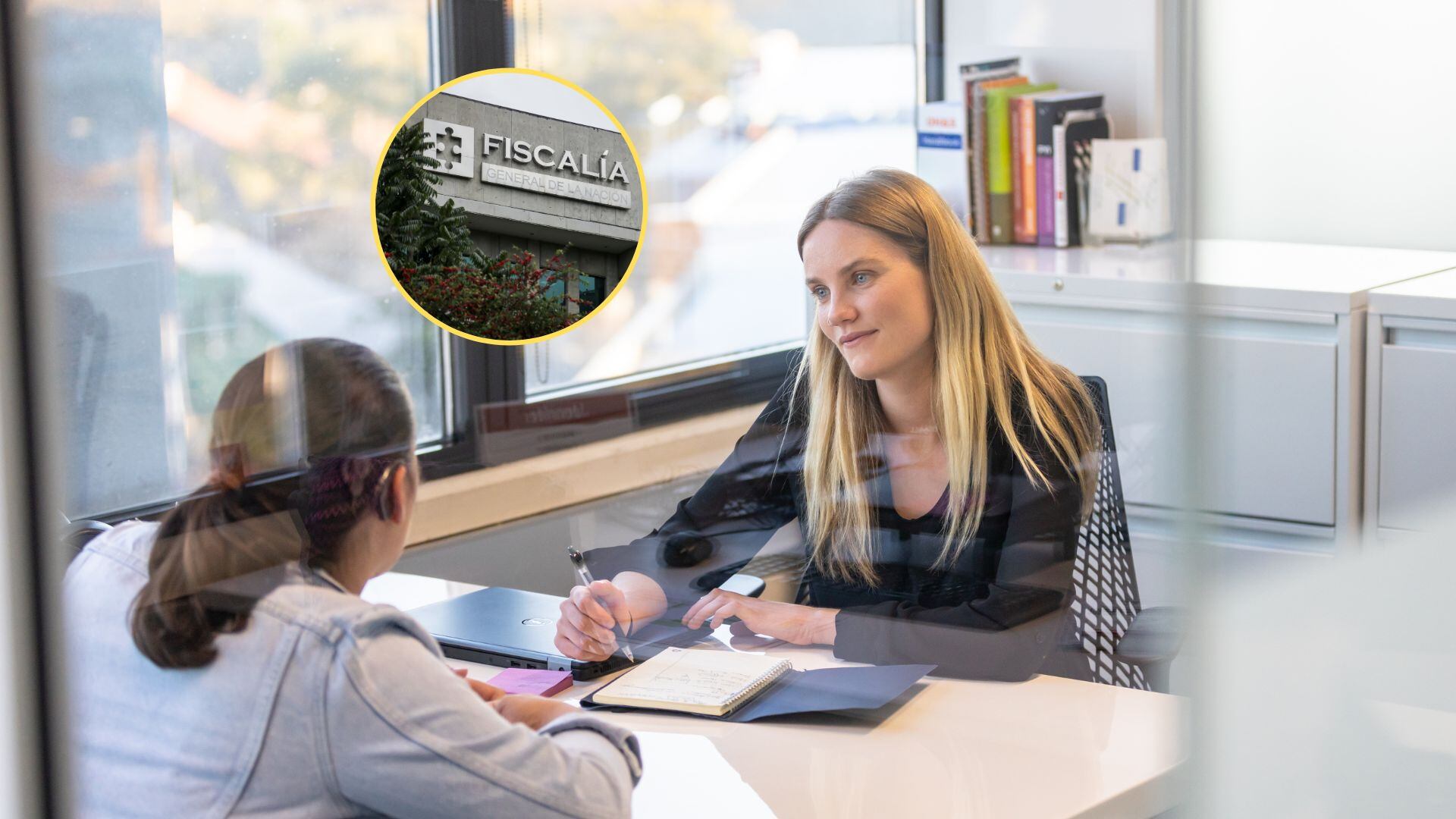 En el fondo, mujer entrevistando a otra para ser contratada en una empresa. En el círculo, imagen de la fachada de la Fiscalía General de la Nación / Fotos: GettyImages y Colprensa