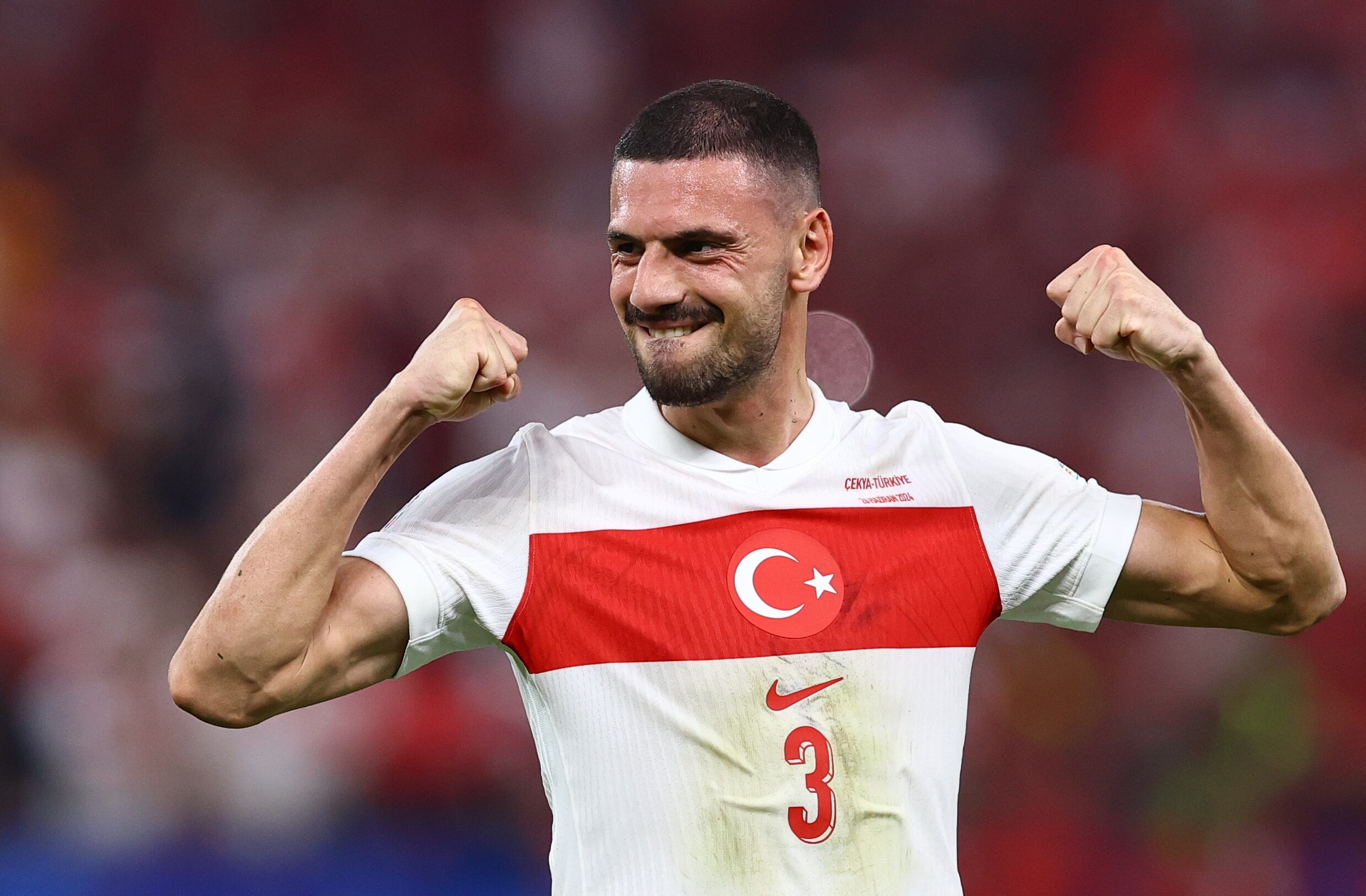 Hamburg (Germany), 26/06/2024.- Merih Demiral of Turkey celebrates during the UEFA EURO 2024 group F soccer match between Czech Republic and Turkey, in Hamburg, Germany, 26 June 2024. (República Checa, Alemania, Turquía, Hamburgo) EFE/EPA/FILIP SINGER
