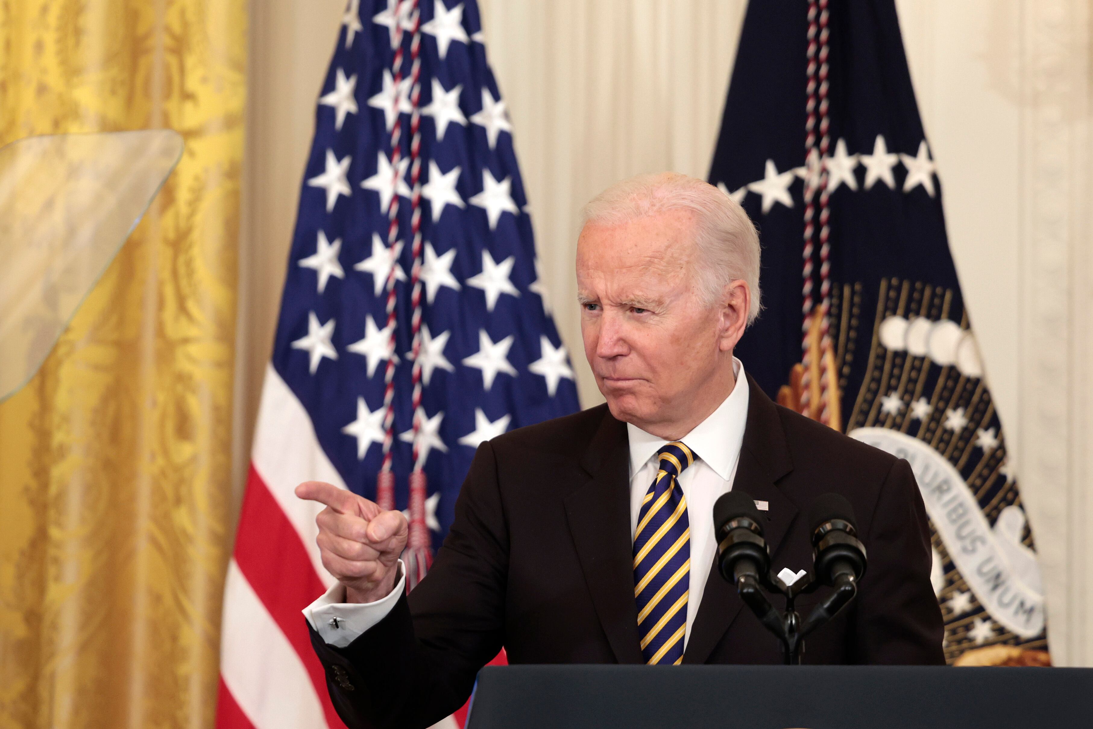 WASHINGTON, DC - APRIL 27: U.S. President Joe Biden delivers remarks during an event for the 2022 National and State Teachers of the Year in the East Room of the White House on April 27, 2022 in Washington, DC. The event honored teachers from across the United States including the 2022 National Teacher of the Year Kurt Russell who is a veteran history teacher from Oberlin High School in Oberlin, Ohio. (Photo by Anna Moneymaker/Getty Images)