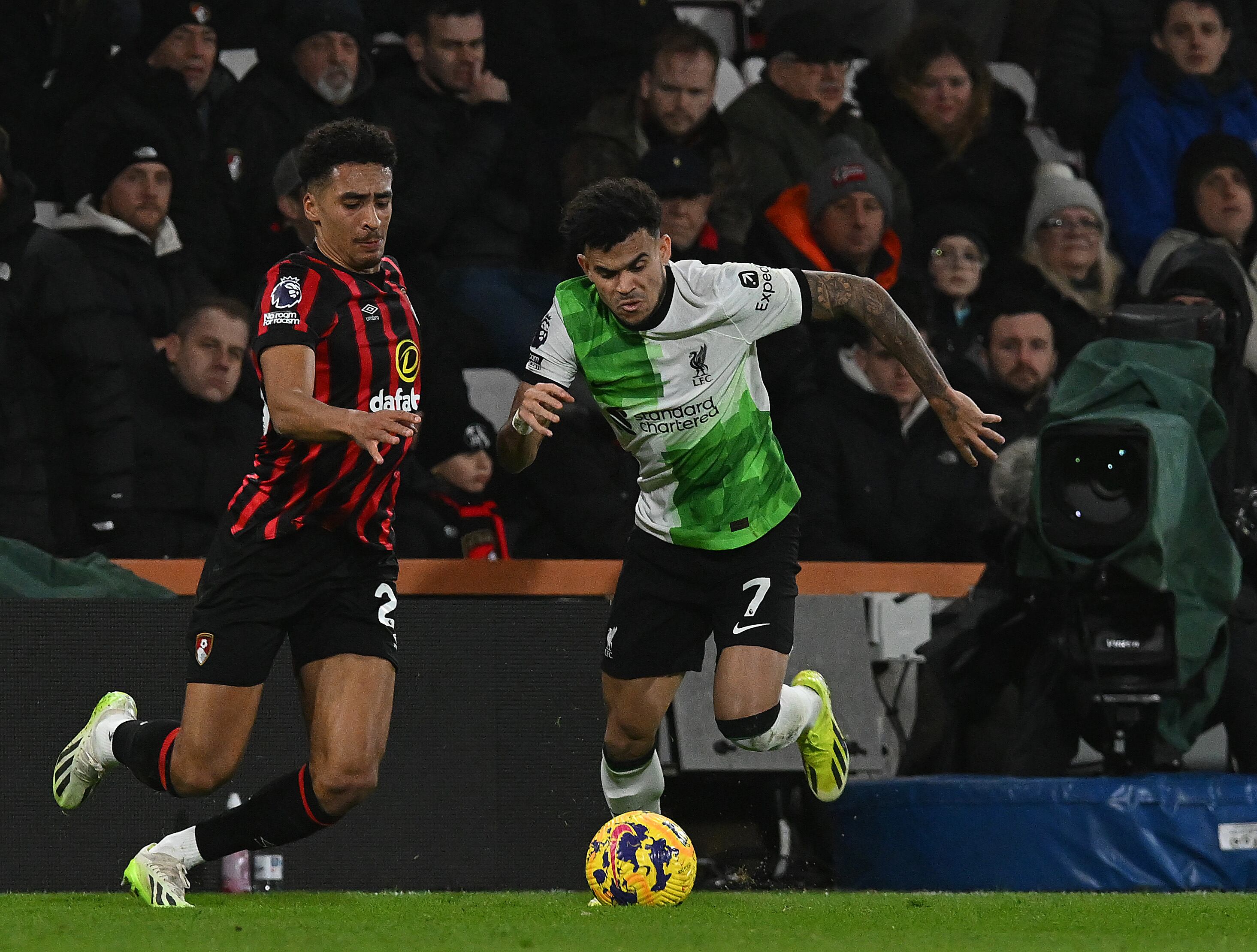 Luis Díaz durante el partido del Liverpool ante el Bournemouth. (Photo by John Powell/Liverpool FC via Getty Images)