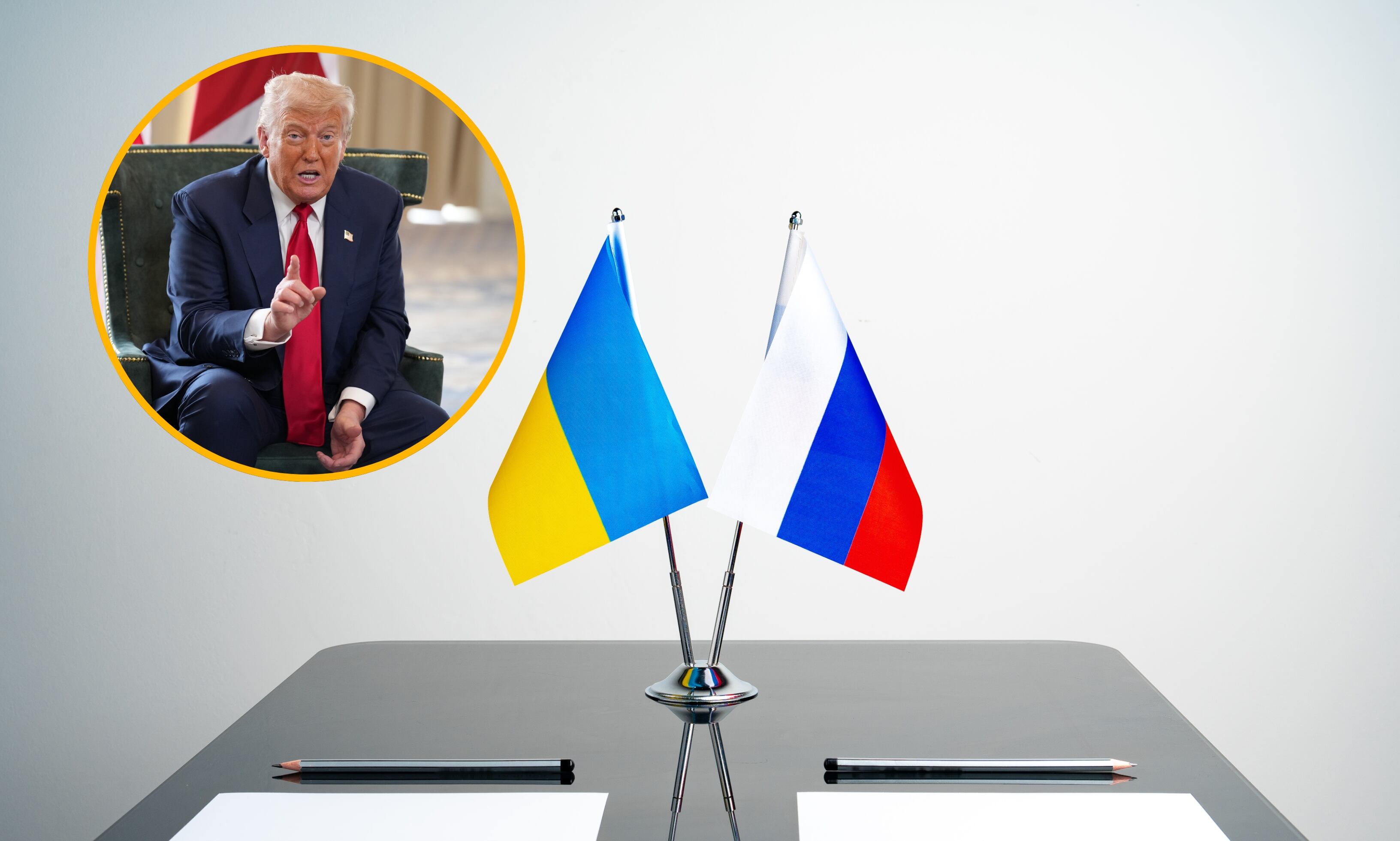 Donald Trump y banderas de Rusia y Ucrania. Foto:  Andrew Harnik y Getty Images.