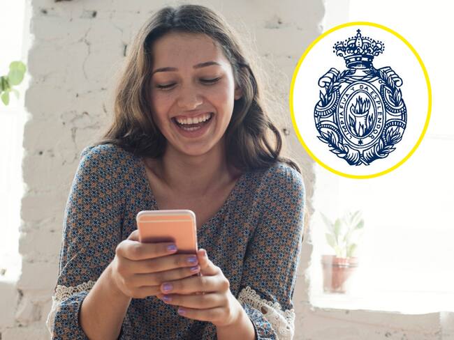 Imagen de referencia de mujer riéndose. I Foto: Getty Images. Logo de la RAE. I Foto: Pagina web de la Real Academia Española.