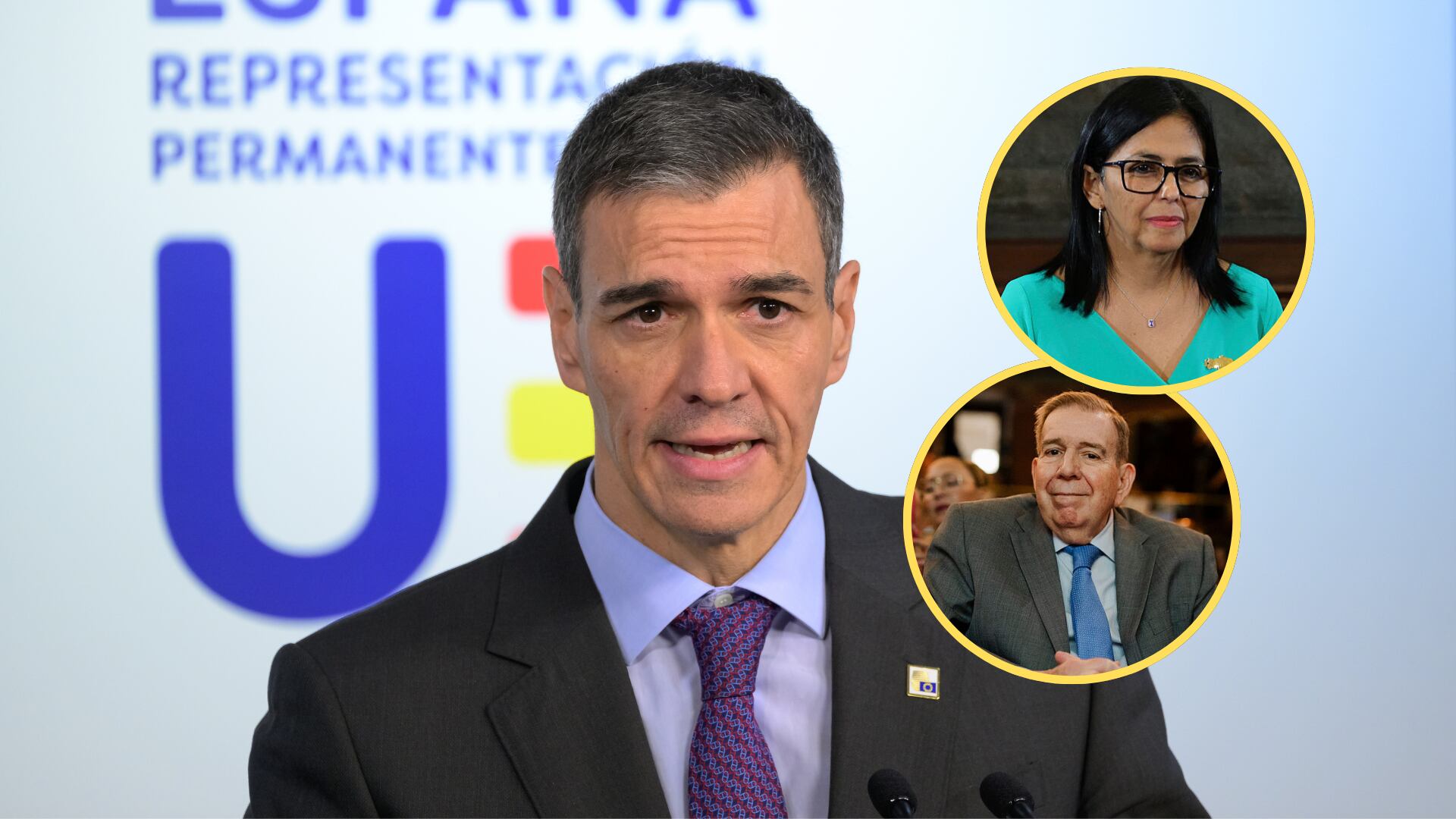 Pedro Sánchez, presidente del Gobierno español, Delcy Rodríguez, presidenta encargada de Venezuela, Edmundo González. Foto: Jonathan Raa/NurPhoto via Getty Images/Jesus Vargas/Getty Images/ Mateo Lanzuela/Europa Press via Getty Images