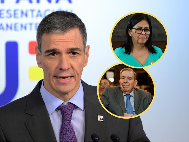 Pedro Sánchez, presidente del Gobierno español, Delcy Rodríguez, presidenta encargada de Venezuela, Edmundo González. Foto: Jonathan Raa/NurPhoto via Getty Images/Jesus Vargas/Getty Images/ Mateo Lanzuela/Europa Press via Getty Images