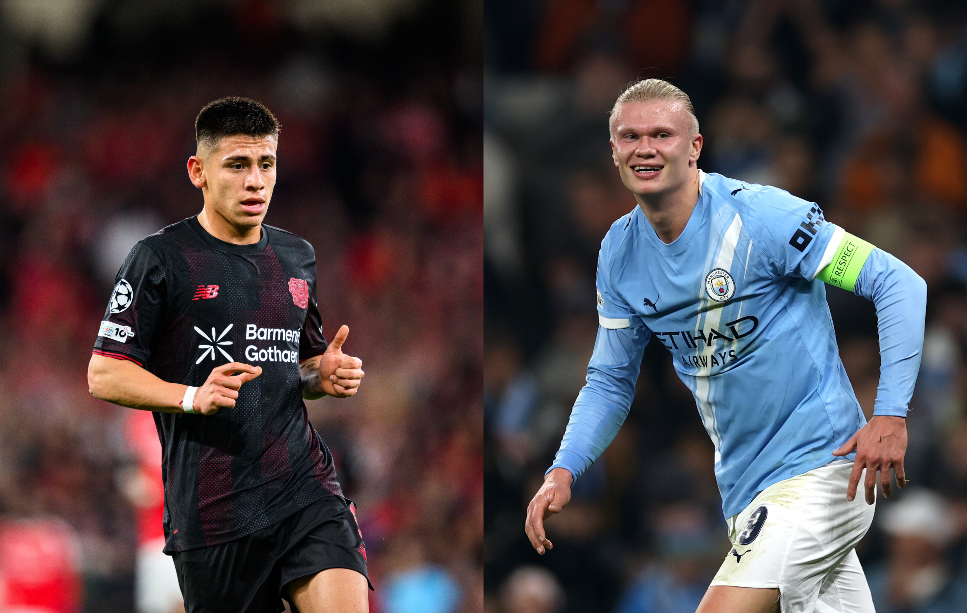 Claudio Echeverri de Bayer Leverkusen. FOTO: Jörg Schüler/Bayer 04 Leverkusen via Getty Images. // Erling Haaland de Manchester City. FOTO: Michael Regan - UEFA/UEFA via Getty Images