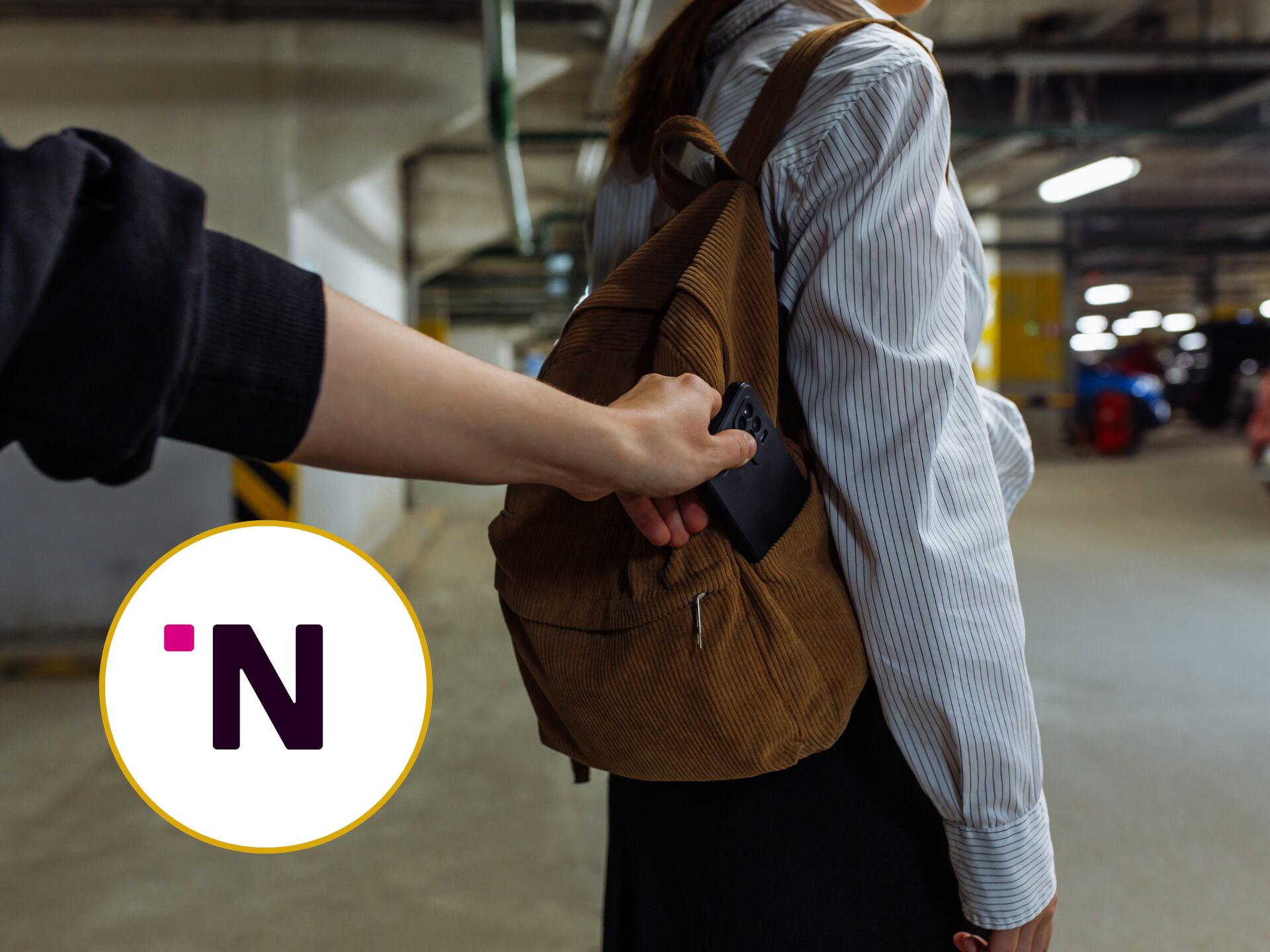 Hombre robándole el celular a una mujer. En el círculo, el logo de Nequi (Fotos vía GettyImages y redes sociales)