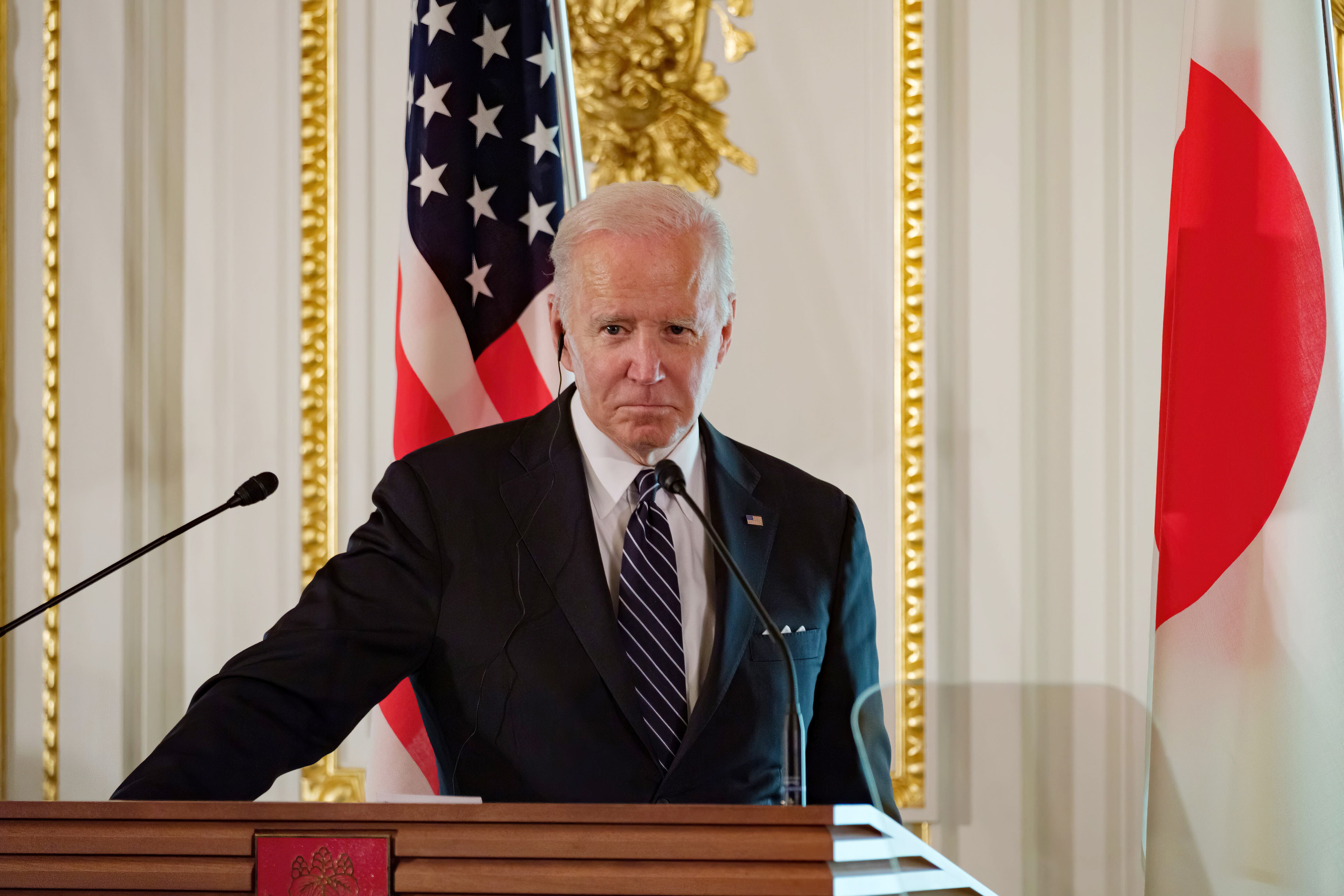 TOKYO, JAPAN - MAY 23: U.S. President Joe Biden attends a joint press conference with Japanese Prime Minister Fumio Kishida following their bilateral summit at the Akasaka State Guest House on May 23, 2022 in Tokyo, Japan. President Biden arrived in Japan after his visit to South Korea, part of a tour of Asia aimed at reassuring allies in the region. Biden will also take part in the Quad Leaders' summit during his visit. (Photo by Nicolas Datiche - Pool/Getty Images)