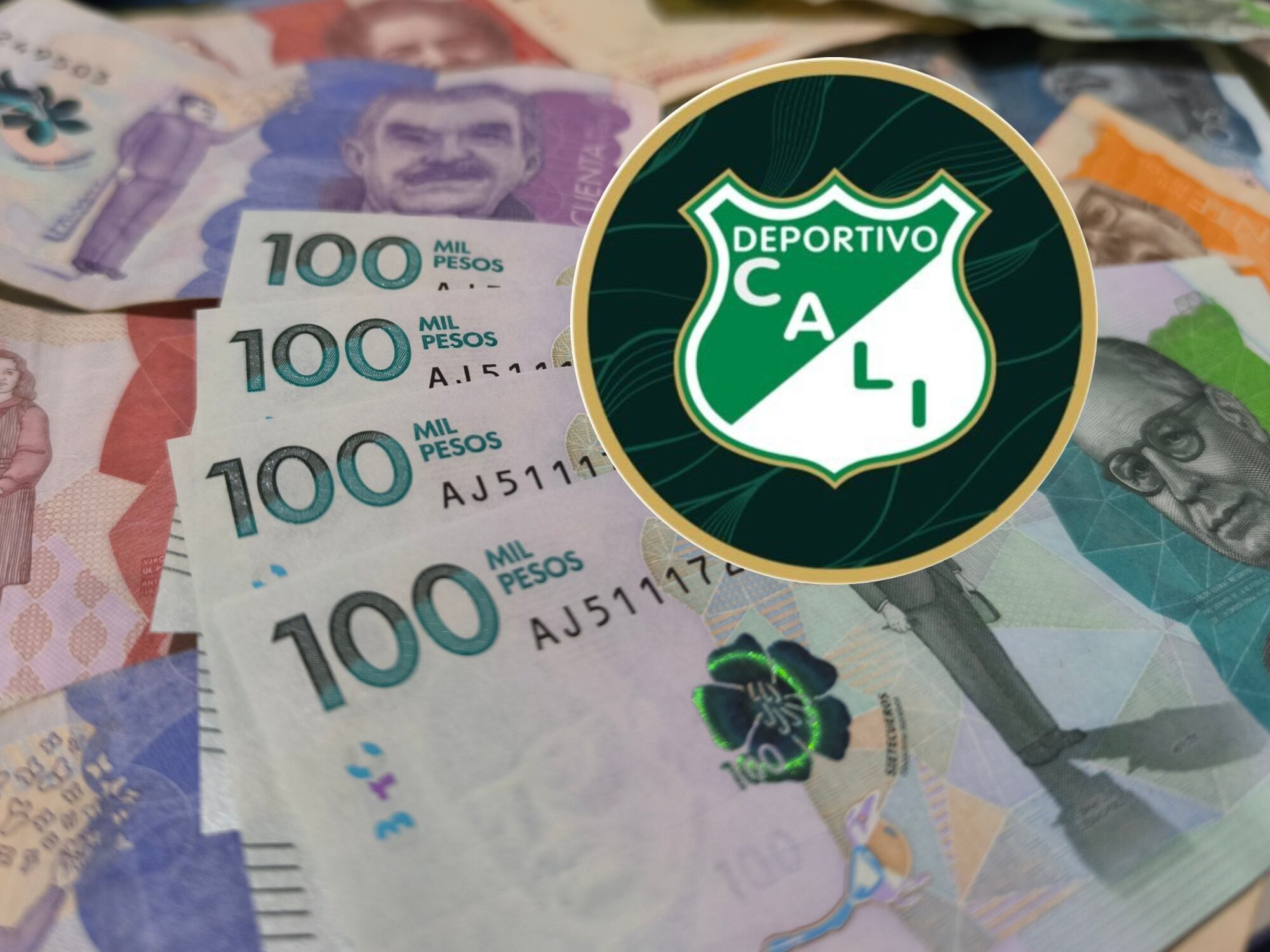 Imagen de referencia de dinero Colombia y escudo del Deportivo Cali. Fotos: Getty Images / X @AsoDeporCali